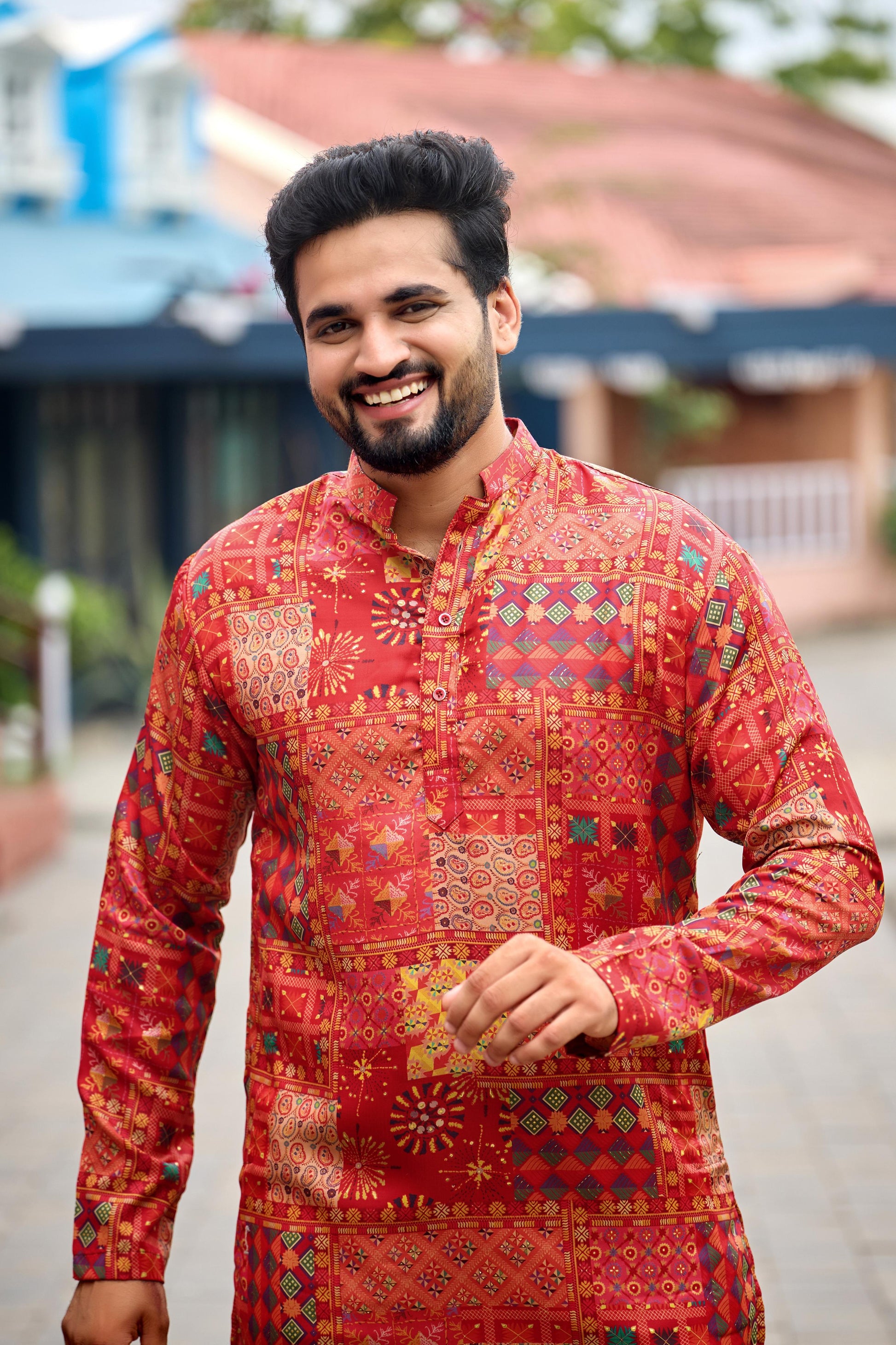 Crimson Red Foil Printed Kurta with Pant Set
