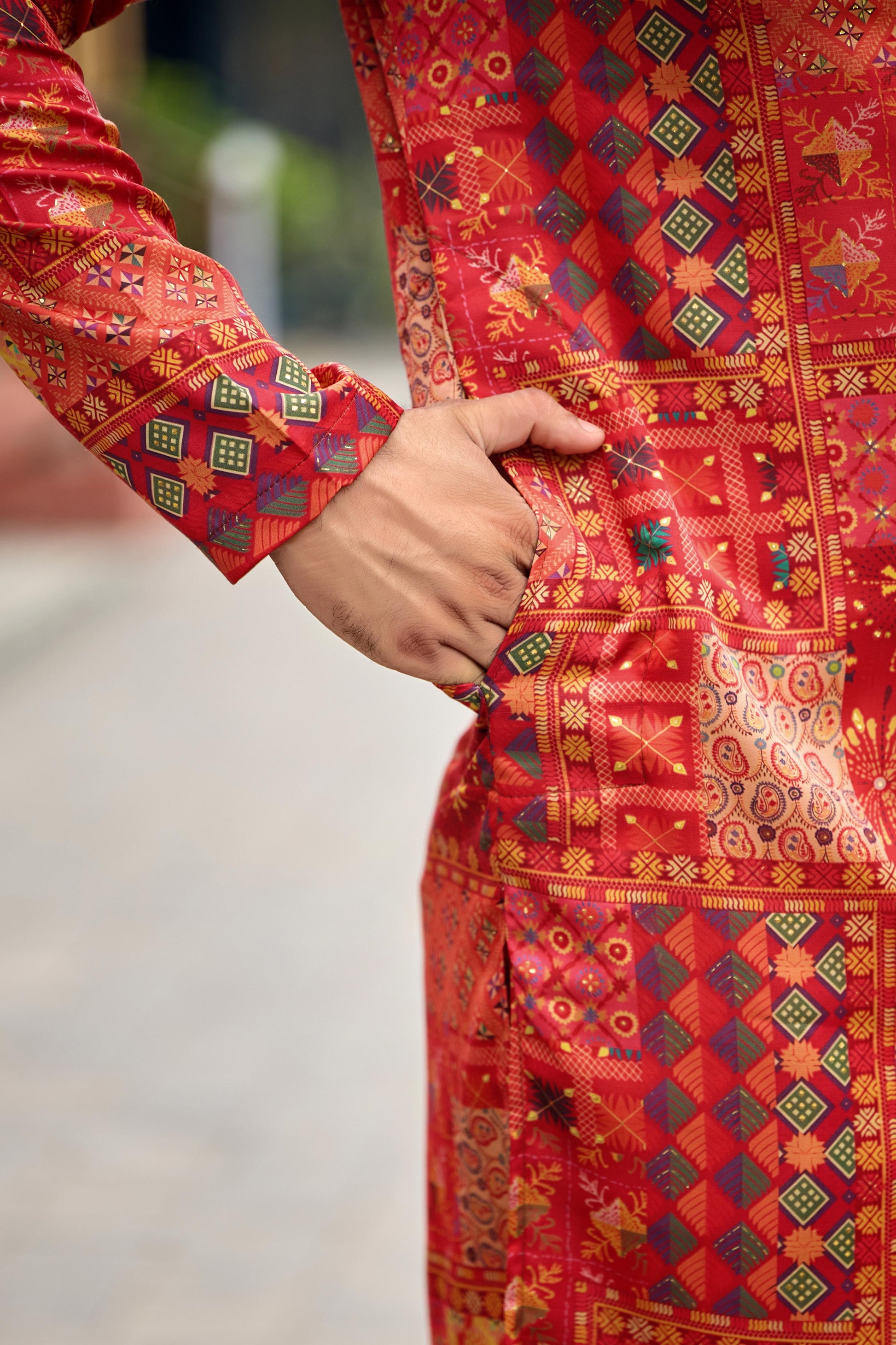 Crimson Red Foil Printed Kurta with Pant Set
