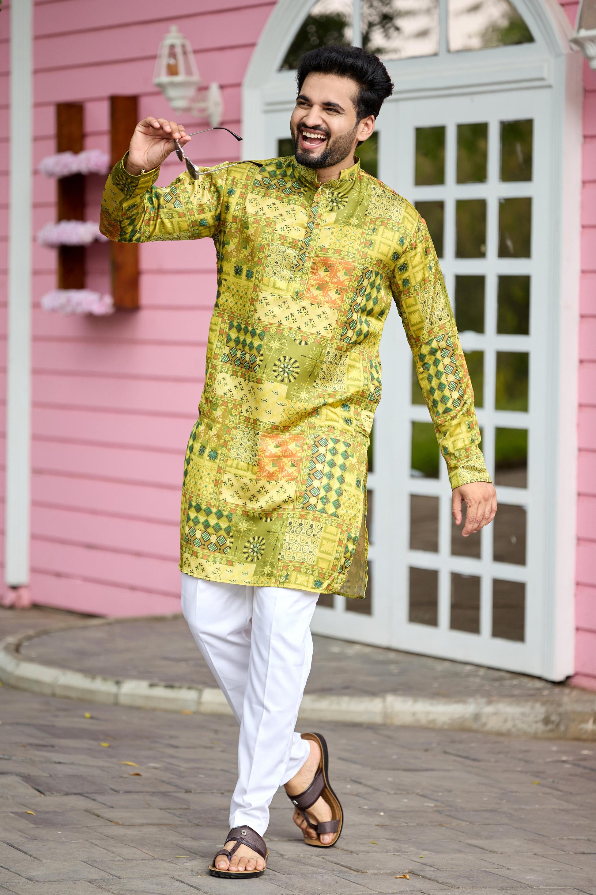 Olive Green Foil Printed Kurta with Pant Set