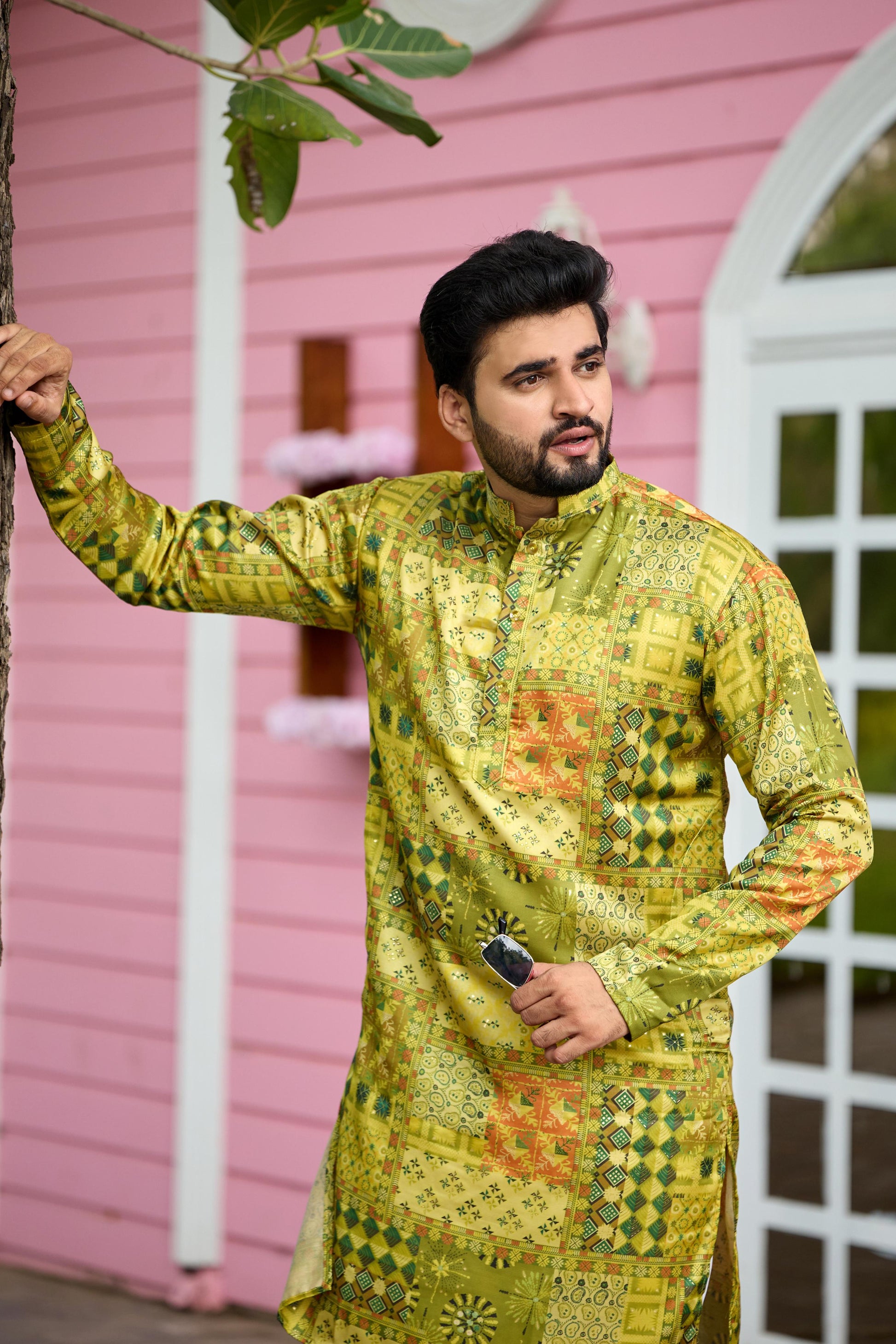 Olive Green Foil Printed Kurta with Pant Set