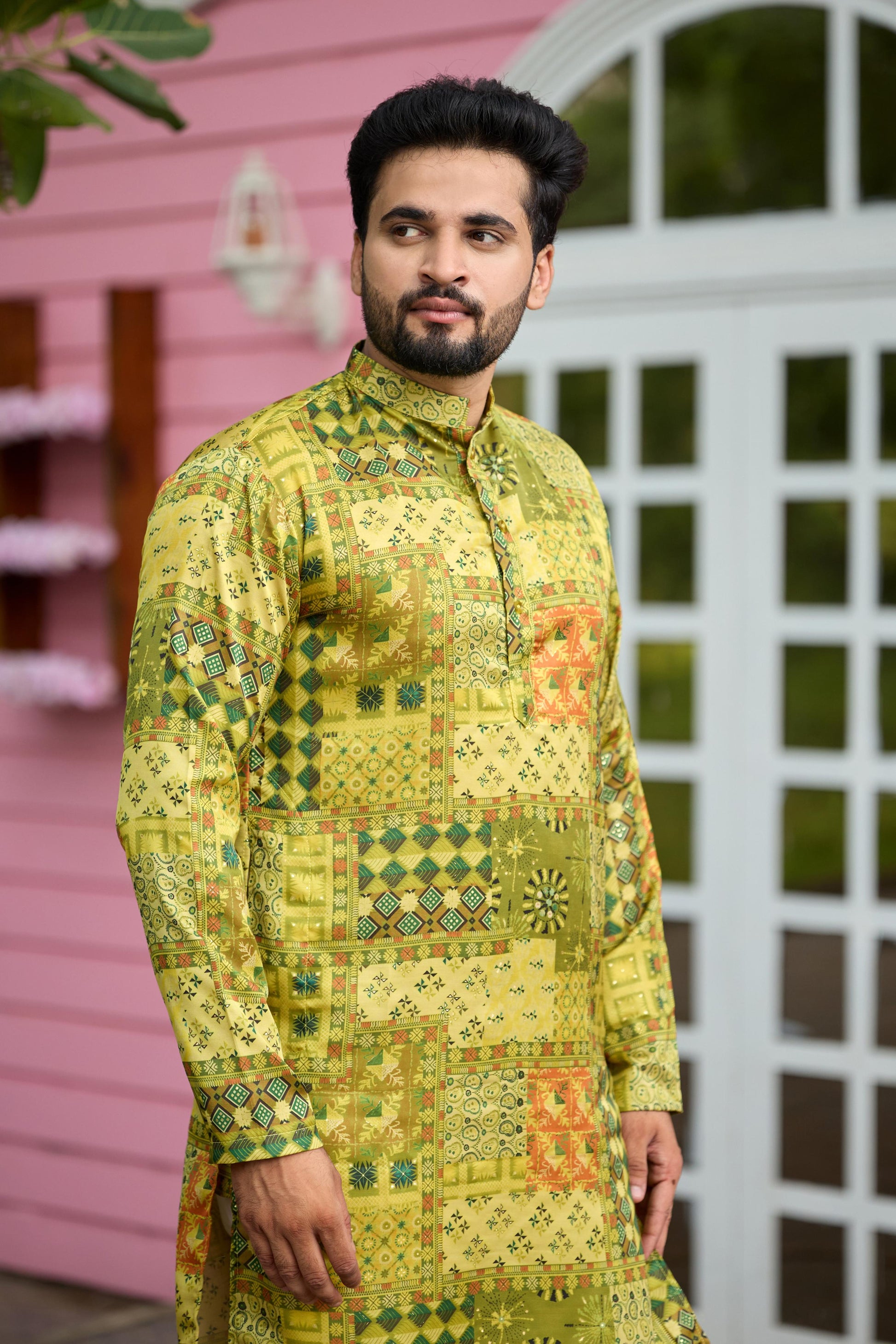 Olive Green Foil Printed Kurta with Pant Set
