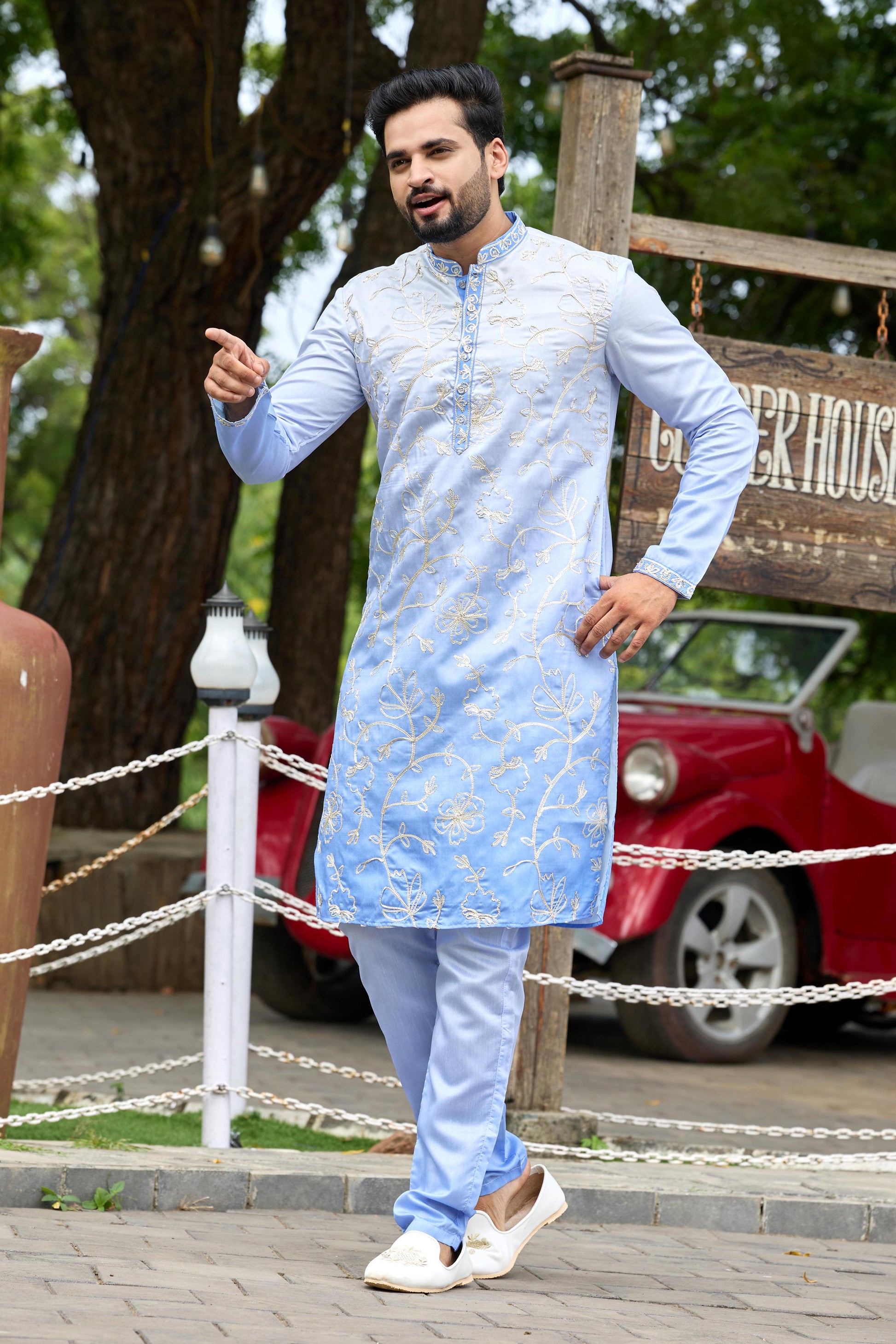 Powder Blue Shaded Floral Embroidered Kurta with Pant Set