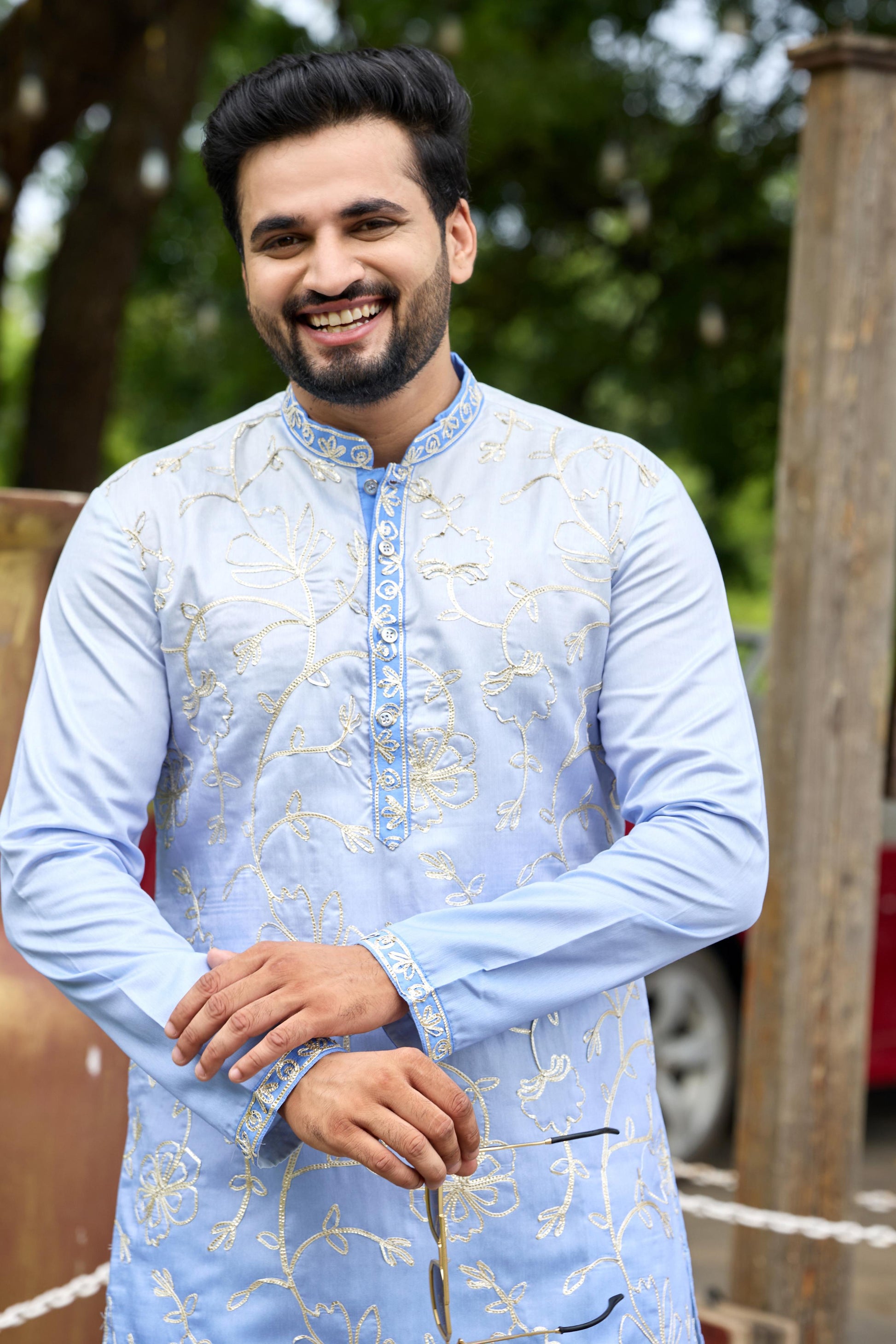 Powder Blue Shaded Floral Embroidered Kurta with Pant Set