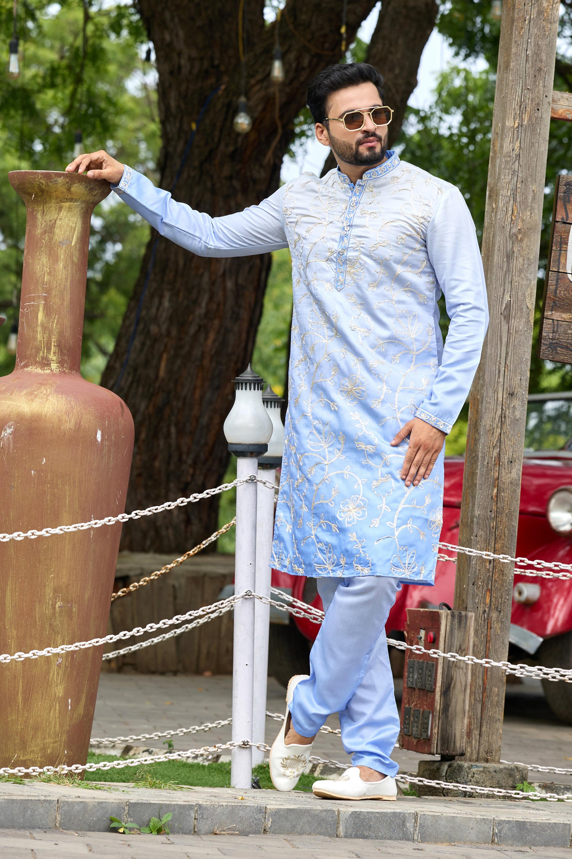 Powder Blue Shaded Floral Embroidered Kurta with Pant Set