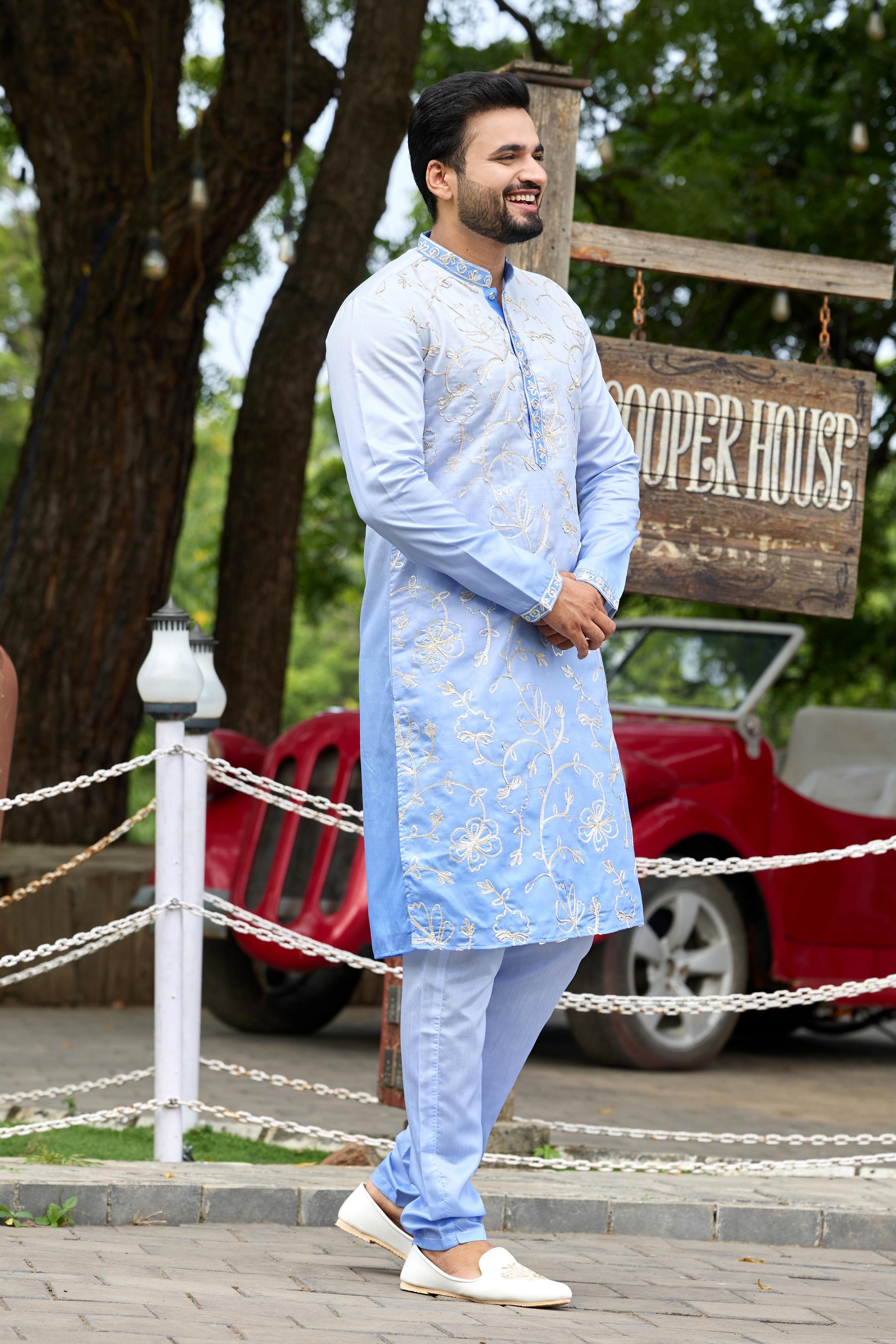 Powder Blue Shaded Floral Embroidered Kurta with Pant Set