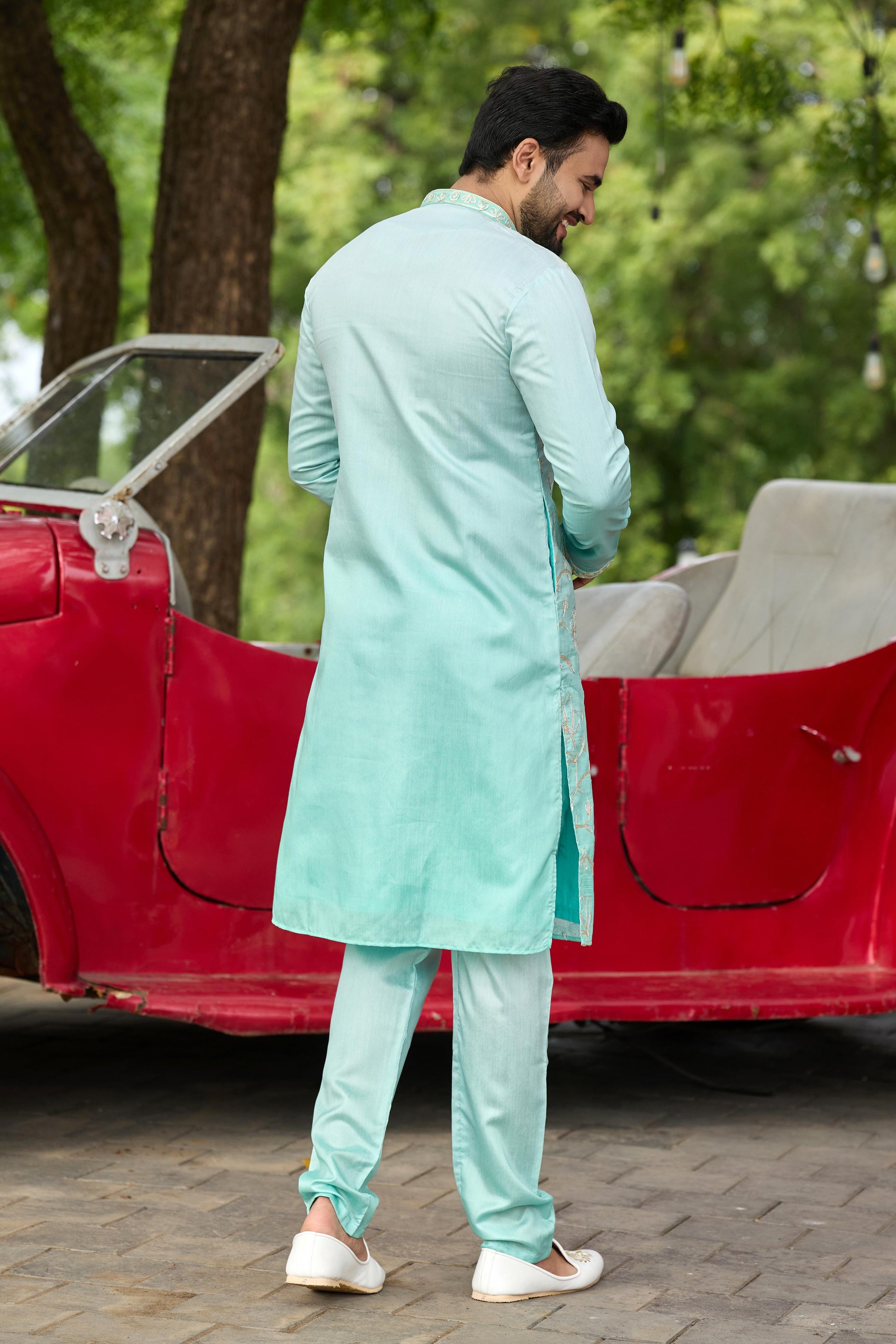 Aqua Mist Shaded Floral Embroidered Kurta with Pant Set