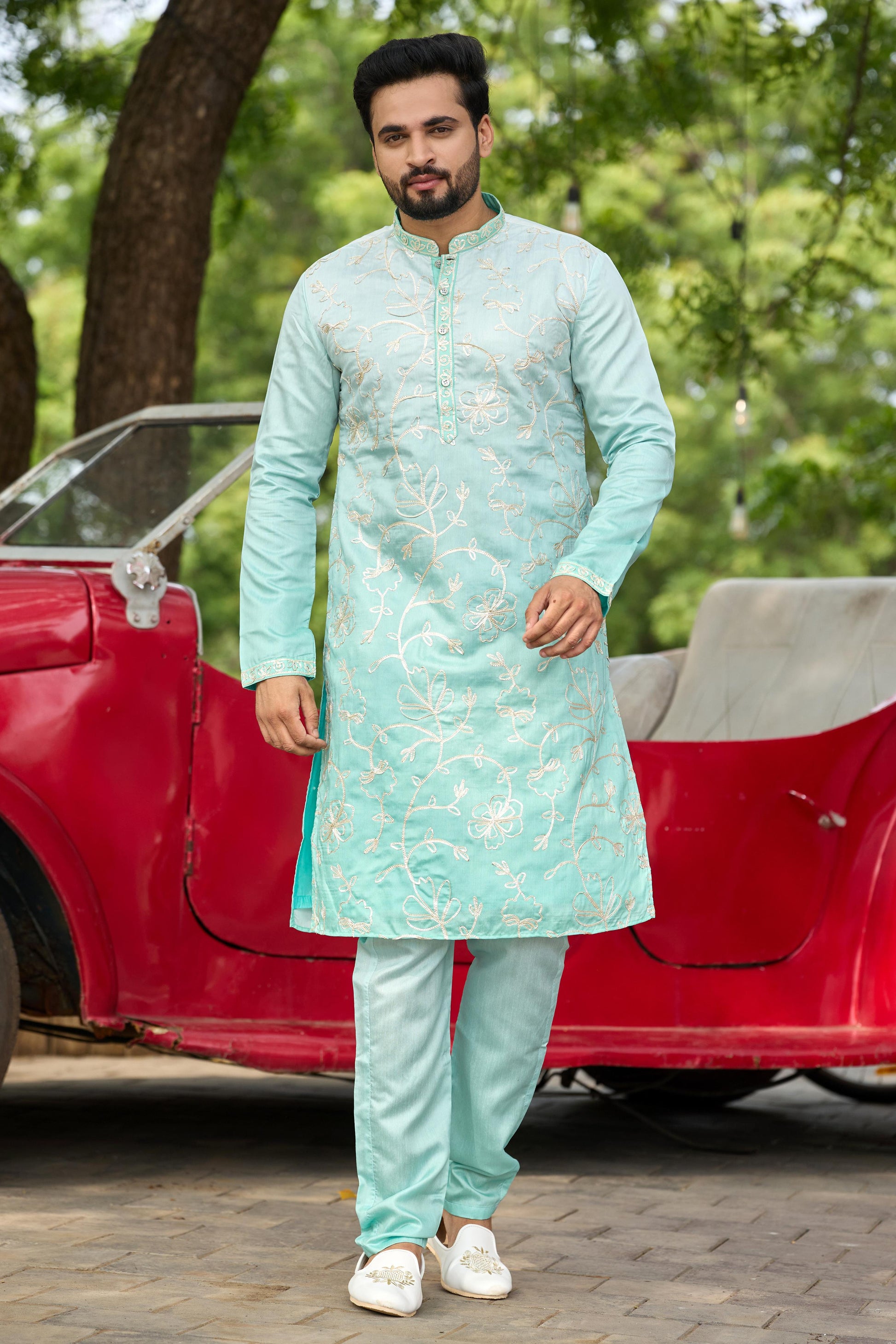 Aqua Mist Shaded Floral Embroidered Kurta with Pant Set