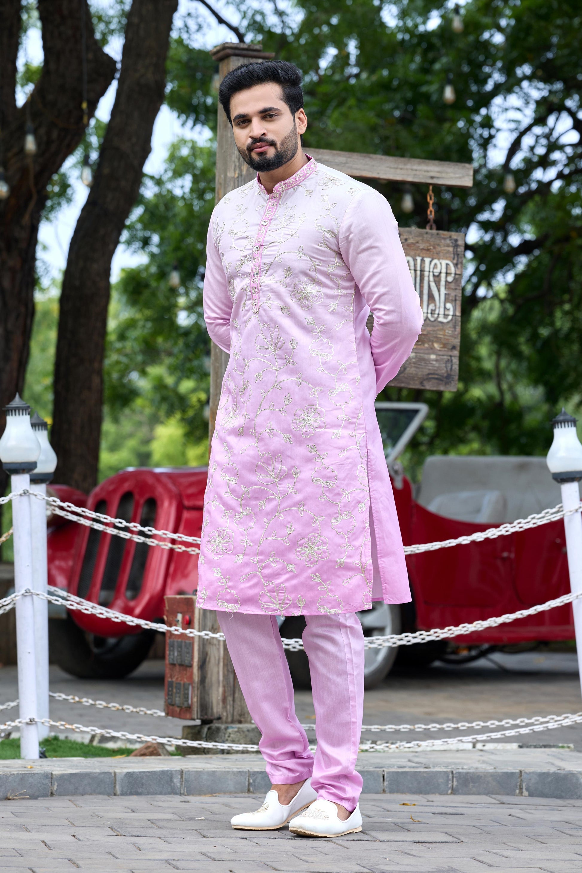 Blush Pink Shaded Floral Embroidered Kurta with Pant Set