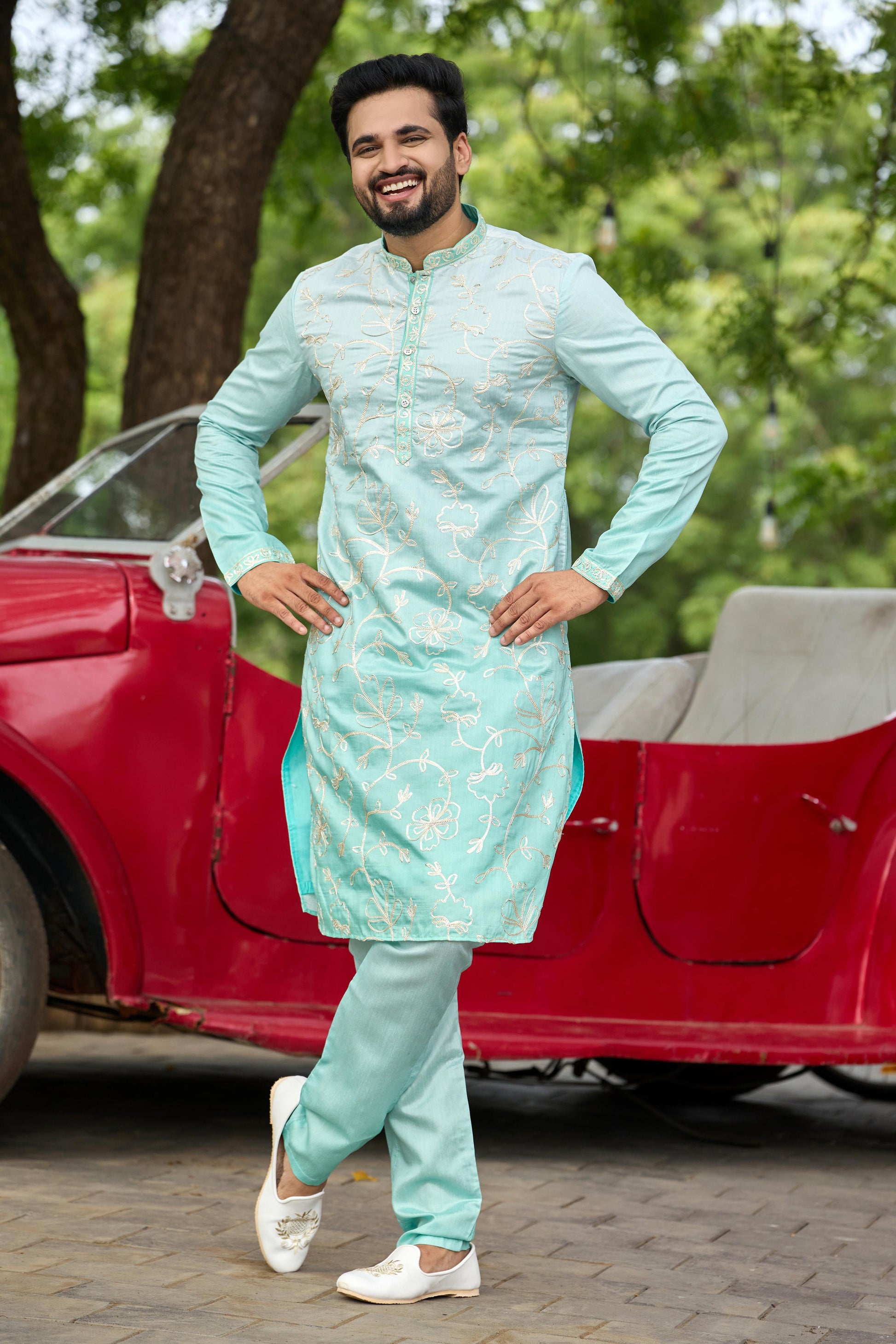 Aqua Mist Shaded Floral Embroidered Kurta with Pant Set