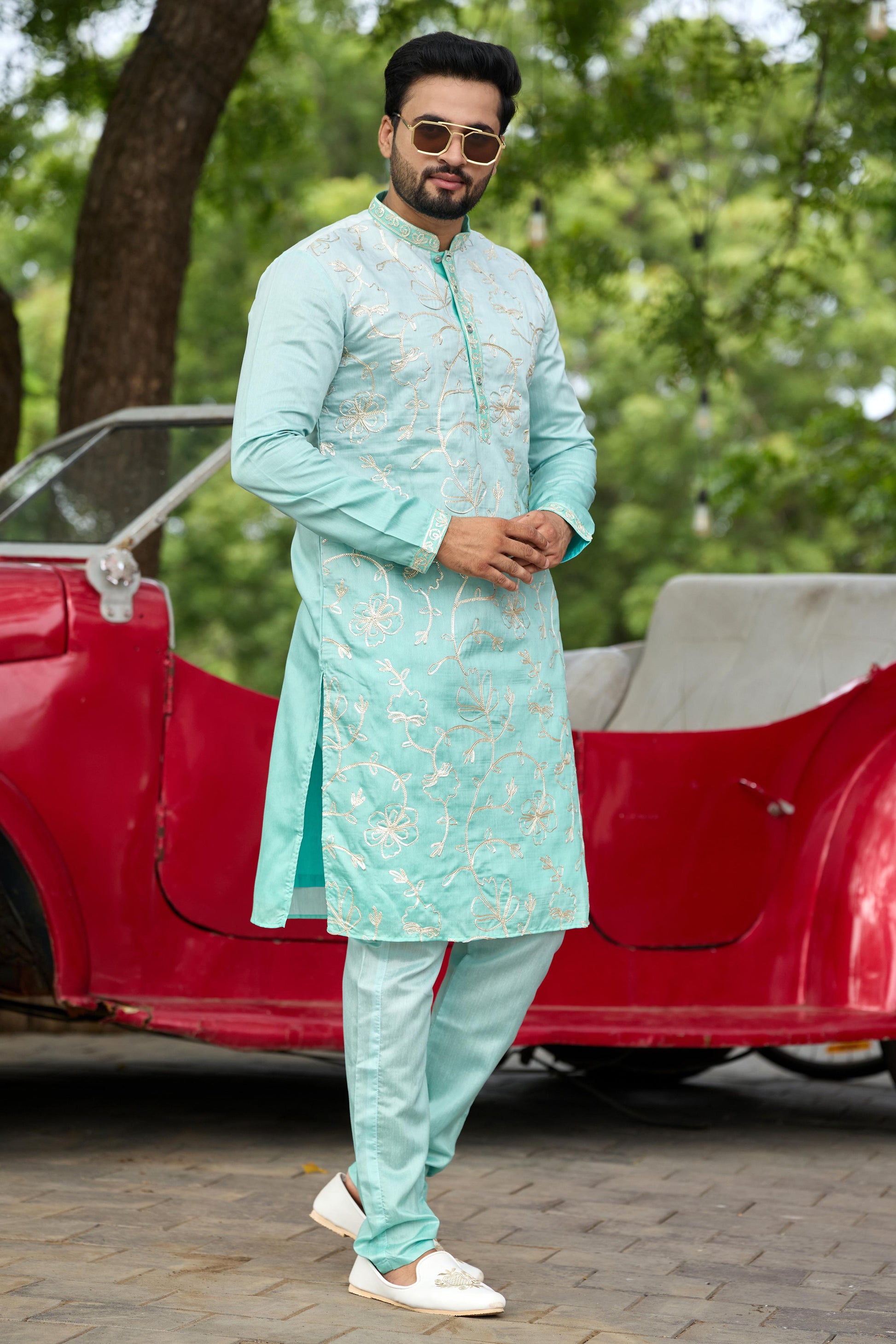 Aqua Mist Shaded Floral Embroidered Kurta with Pant Set