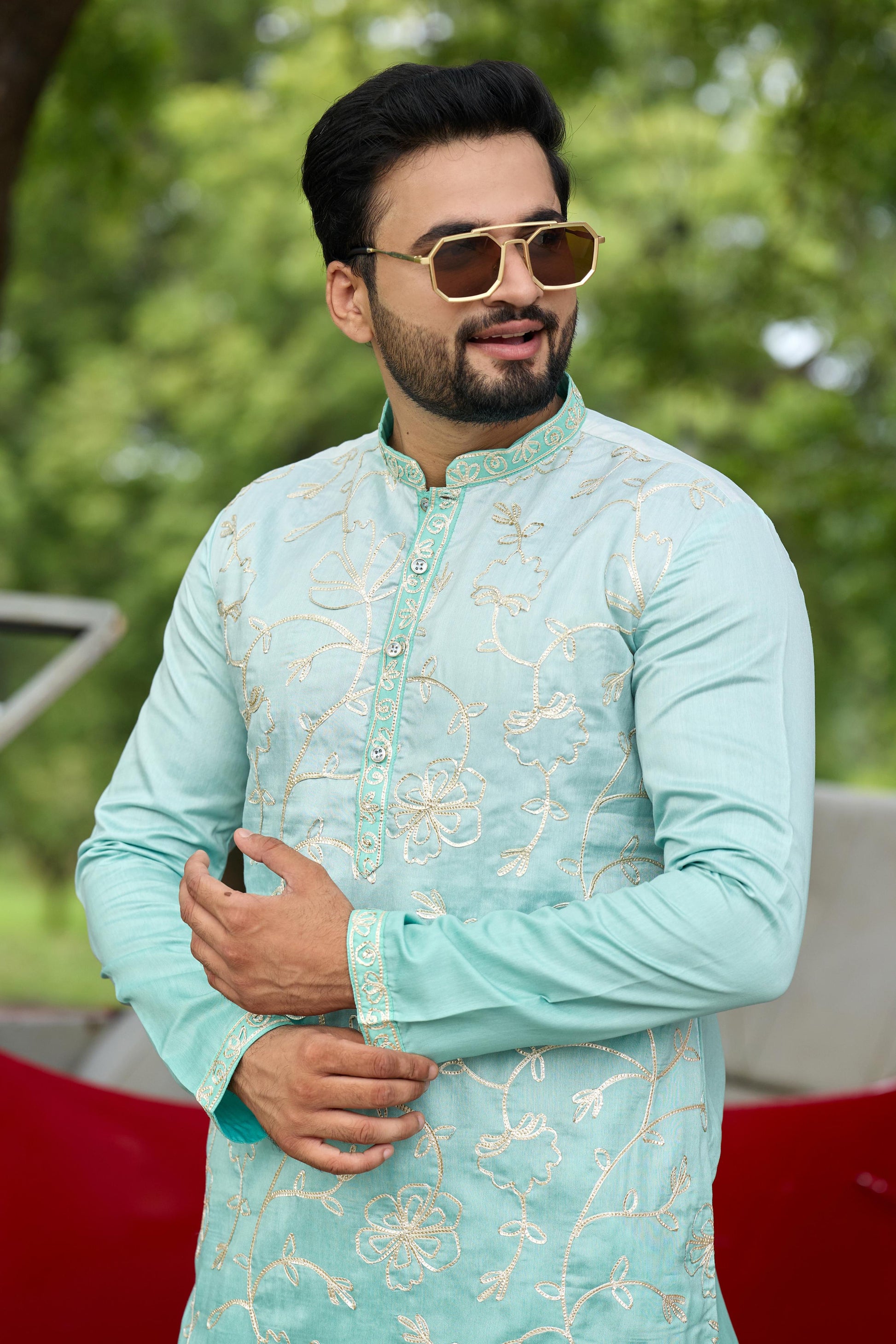Aqua Mist Shaded Floral Embroidered Kurta with Pant Set