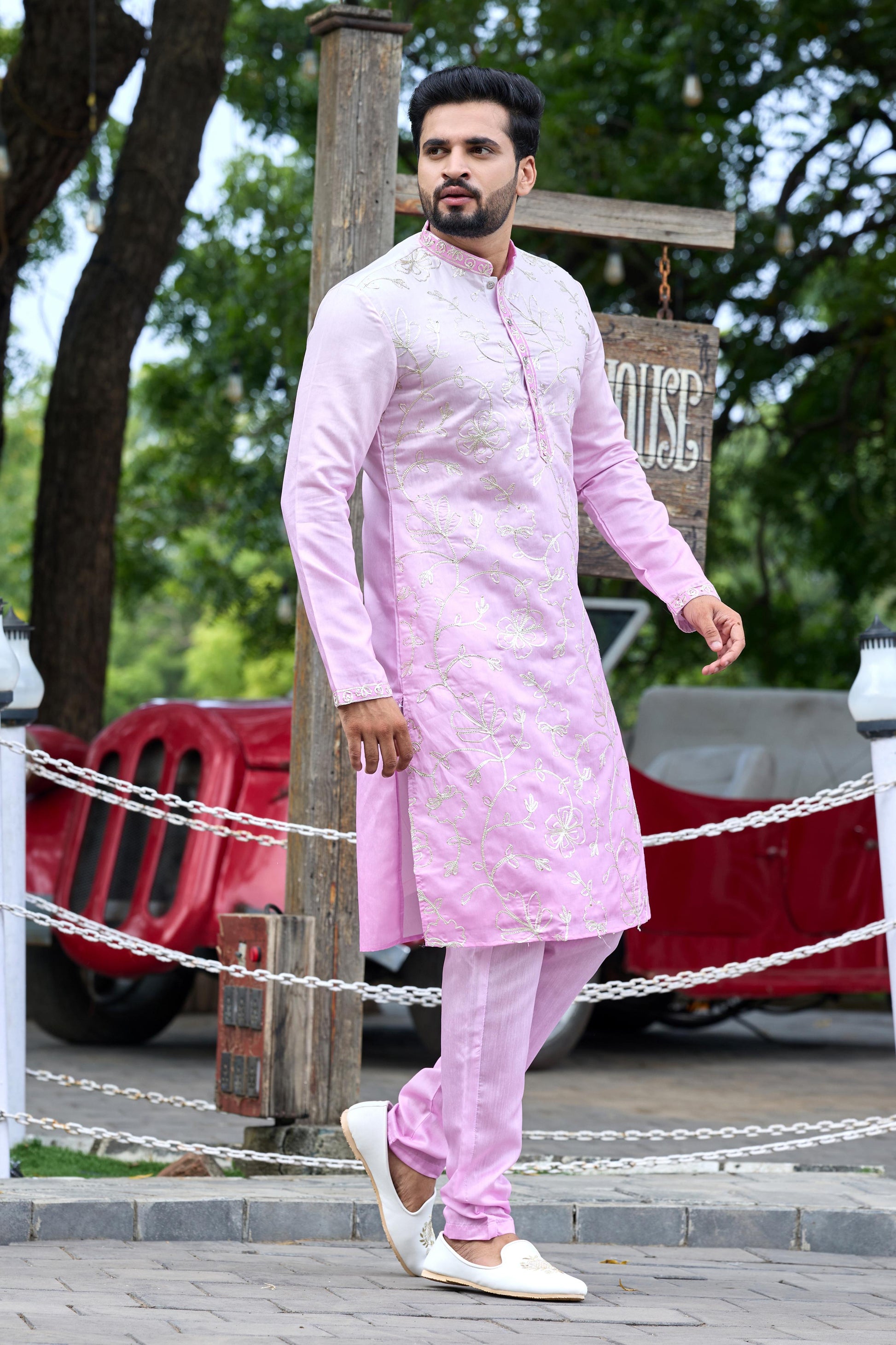 Blush Pink Shaded Floral Embroidered Kurta with Pant Set
