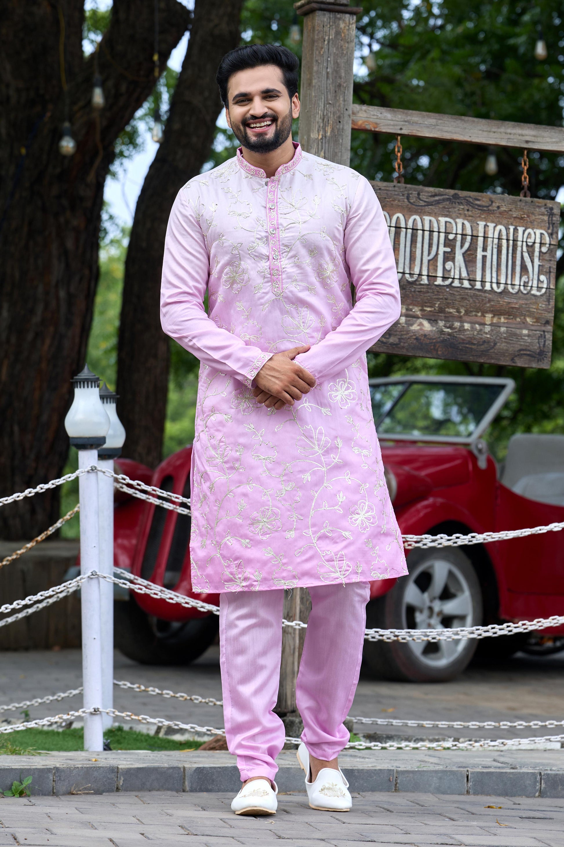 Blush Pink Shaded Floral Embroidered Kurta with Pant Set