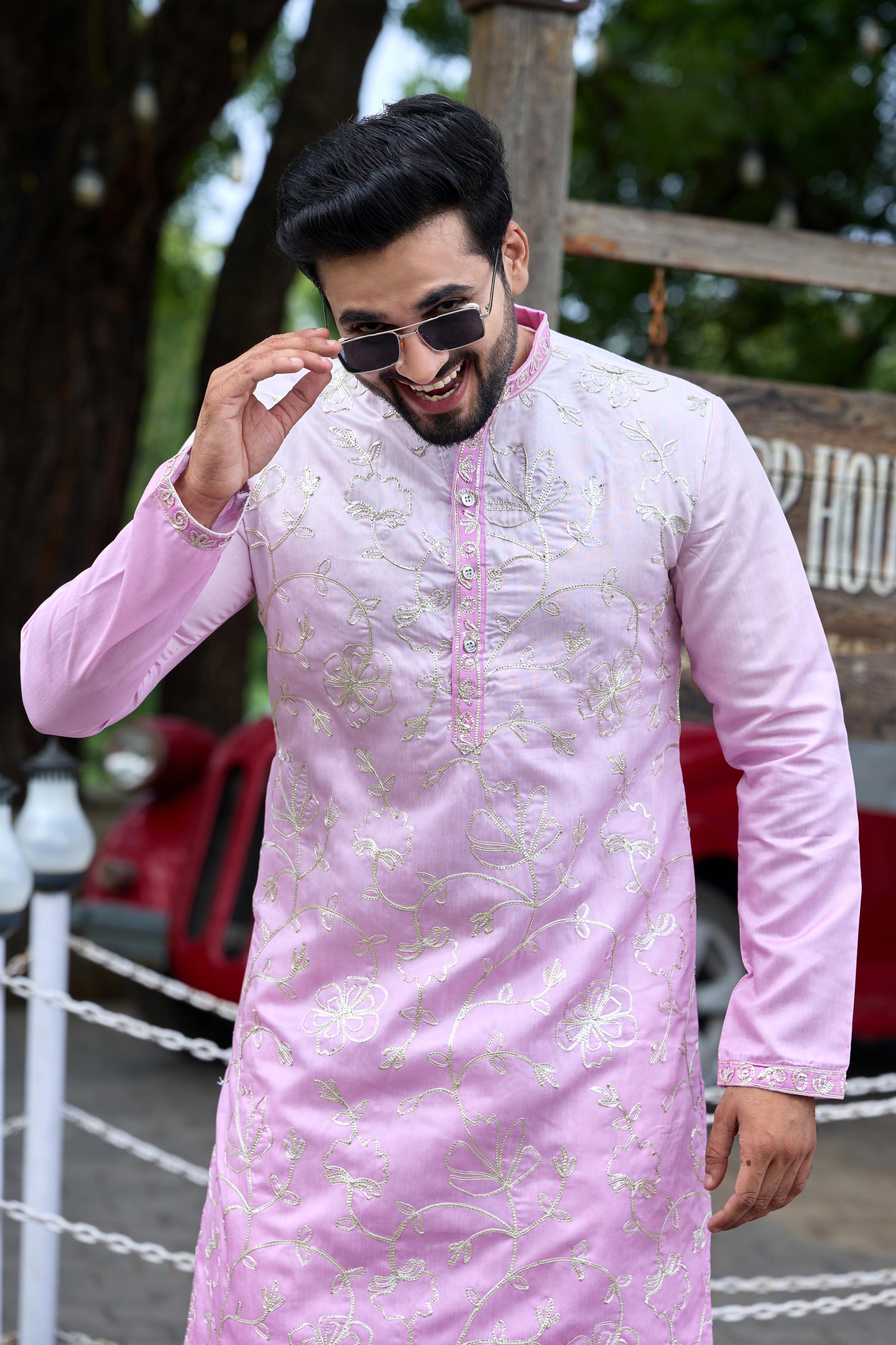 Blush Pink Shaded Floral Embroidered Kurta with Pant Set