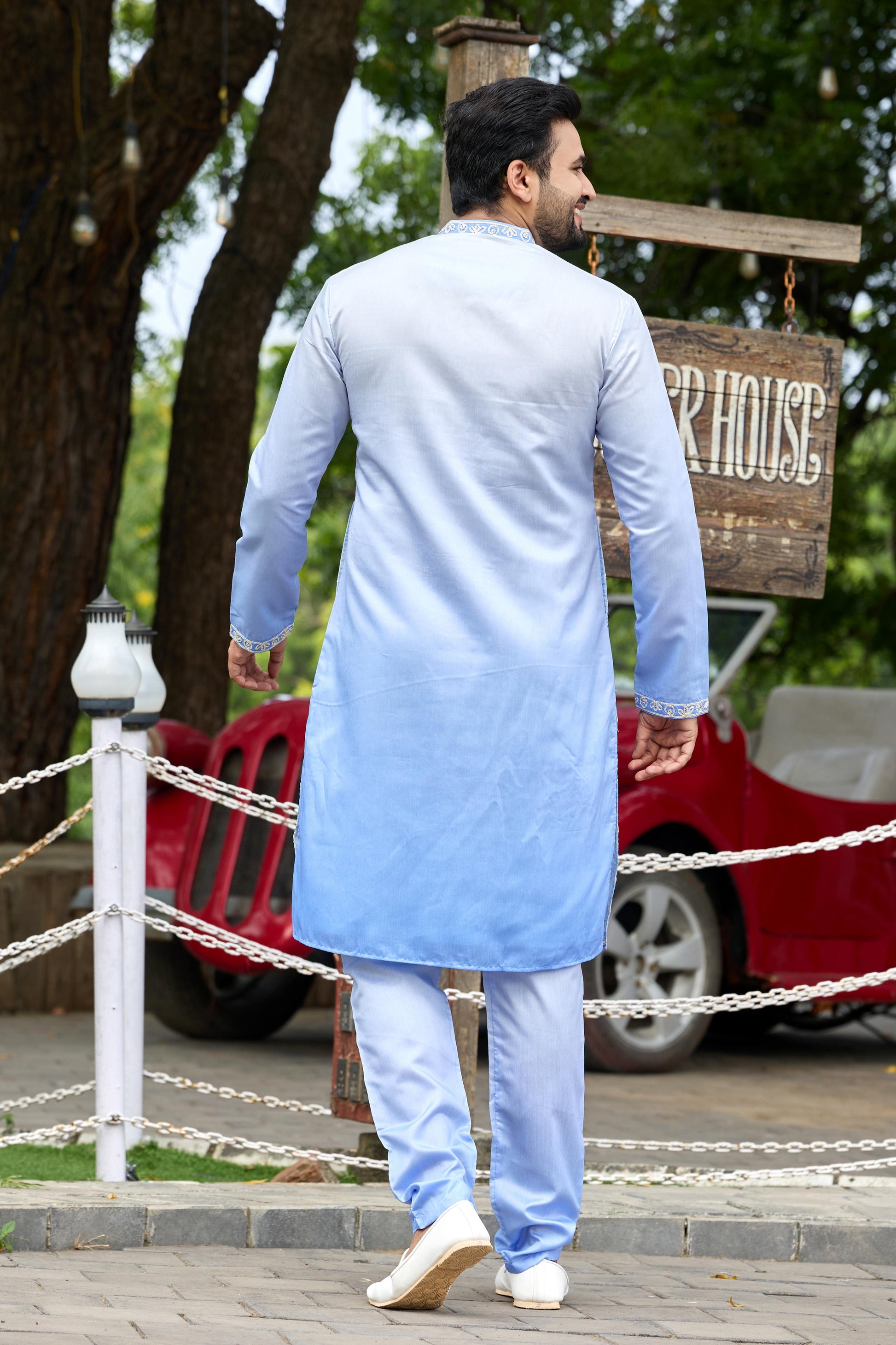 Powder Blue Shaded Floral Embroidered Kurta with Pant Set