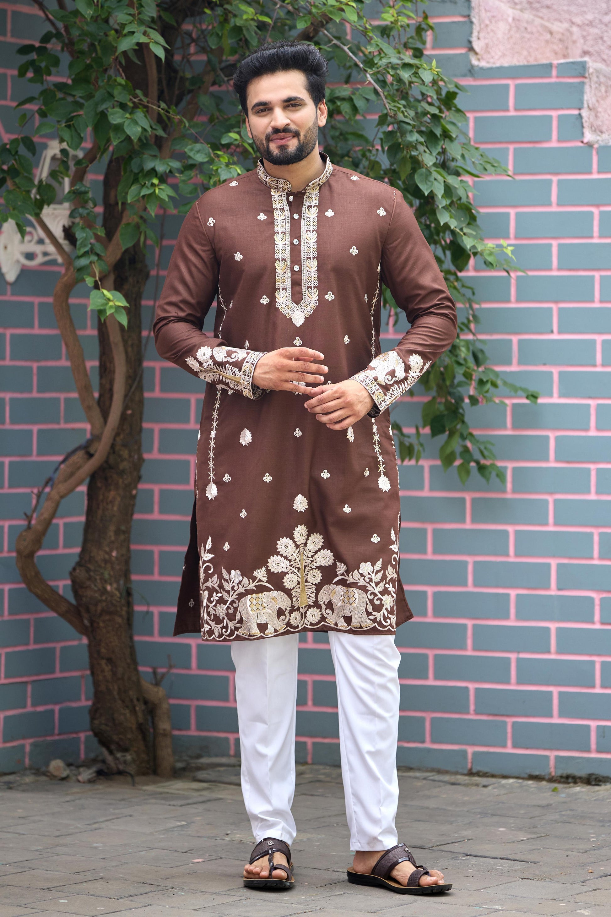 Chestnut Brown Royal Elephant Embroidered Kurta with Pant Set
