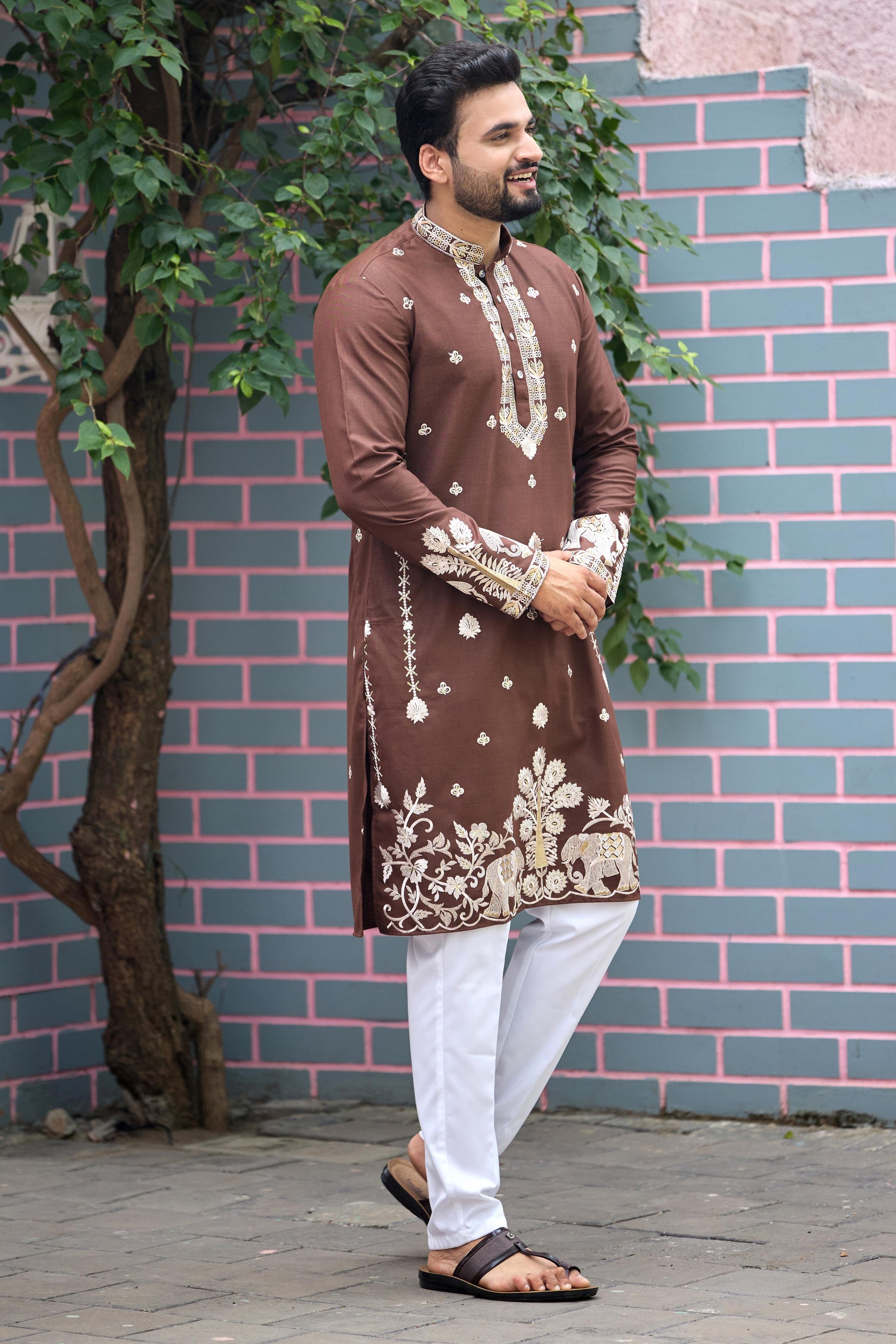 Chestnut Brown Royal Elephant Embroidered Kurta with Pant Set