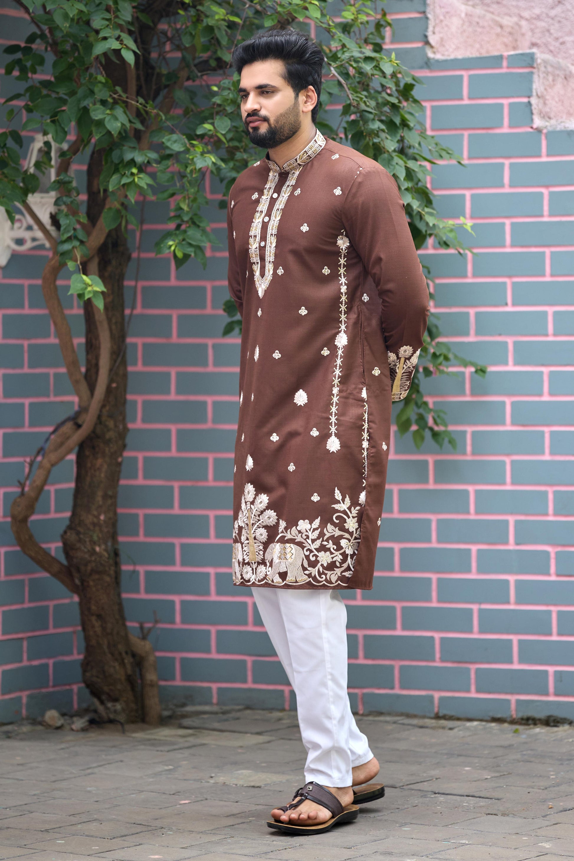 Chestnut Brown Royal Elephant Embroidered Kurta with Pant Set