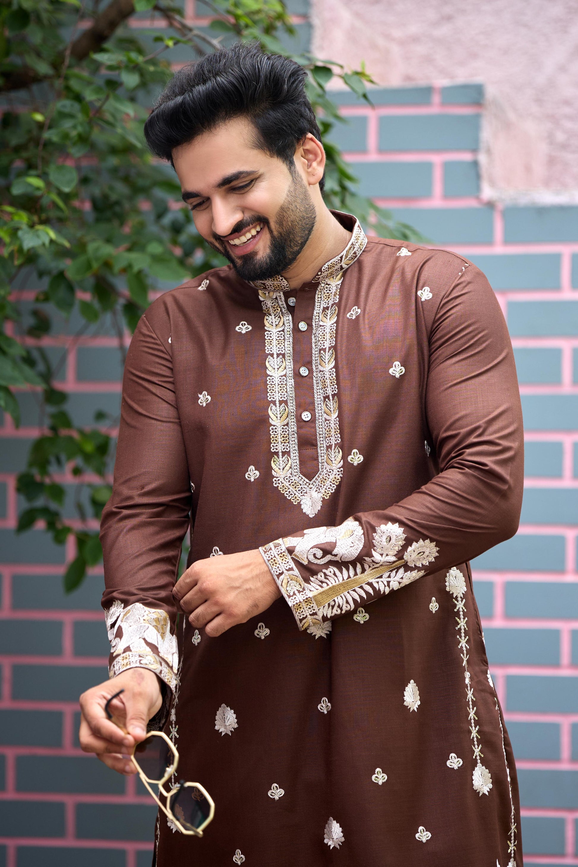 Chestnut Brown Royal Elephant Embroidered Kurta with Pant Set