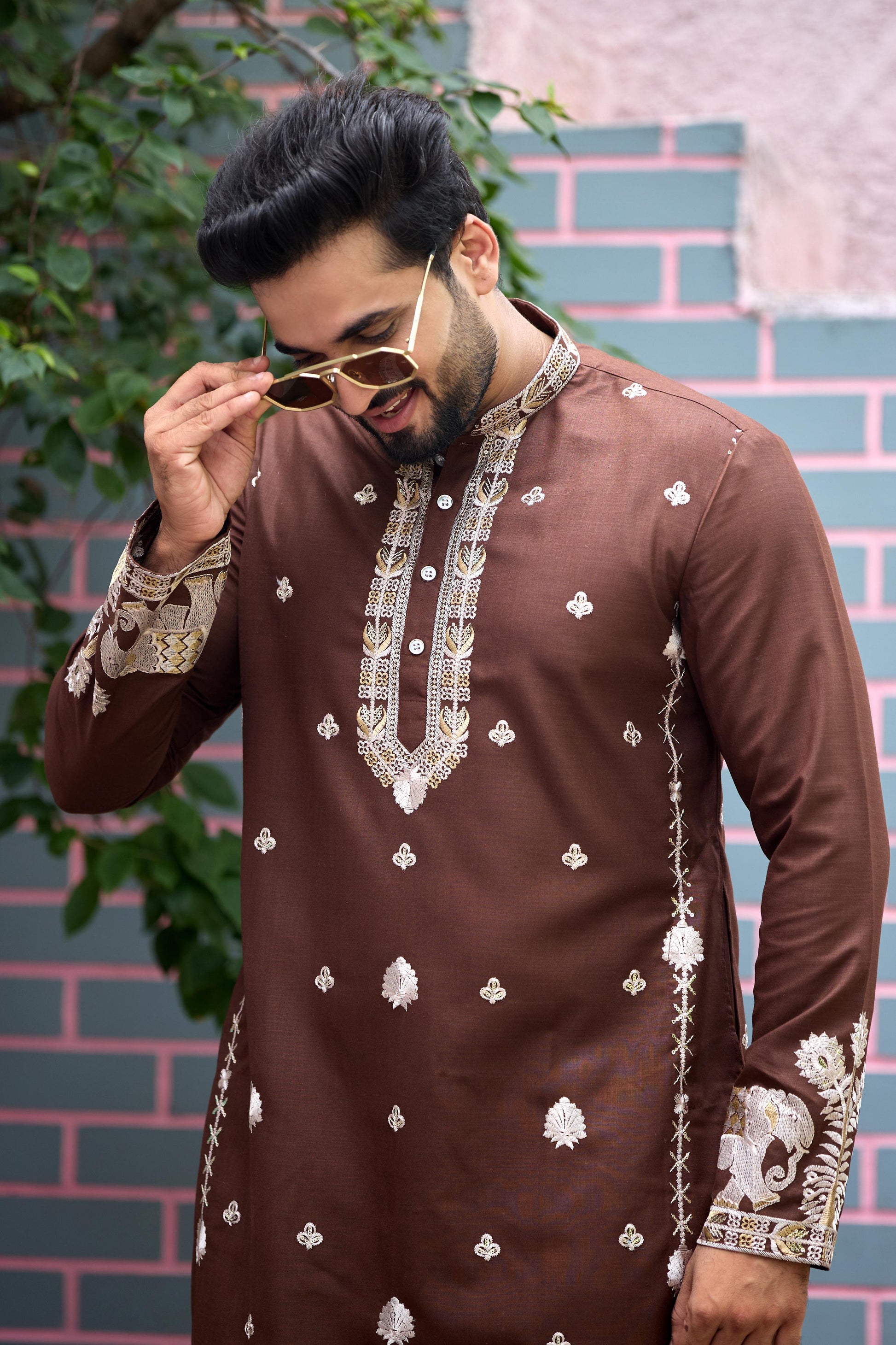 Chestnut Brown Royal Elephant Embroidered Kurta with Pant Set