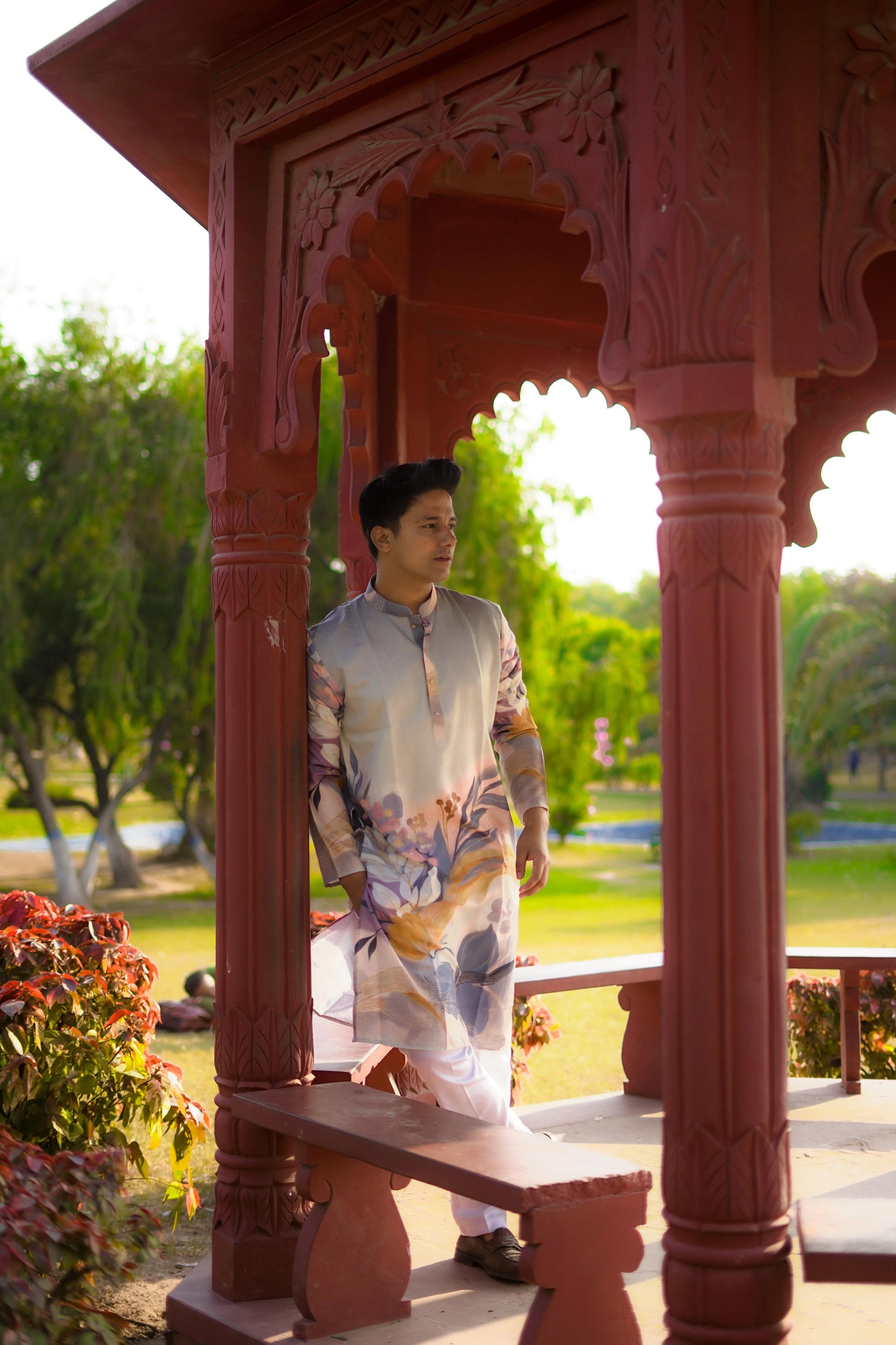 Light Grey Floral Print  Linen Kurta Set