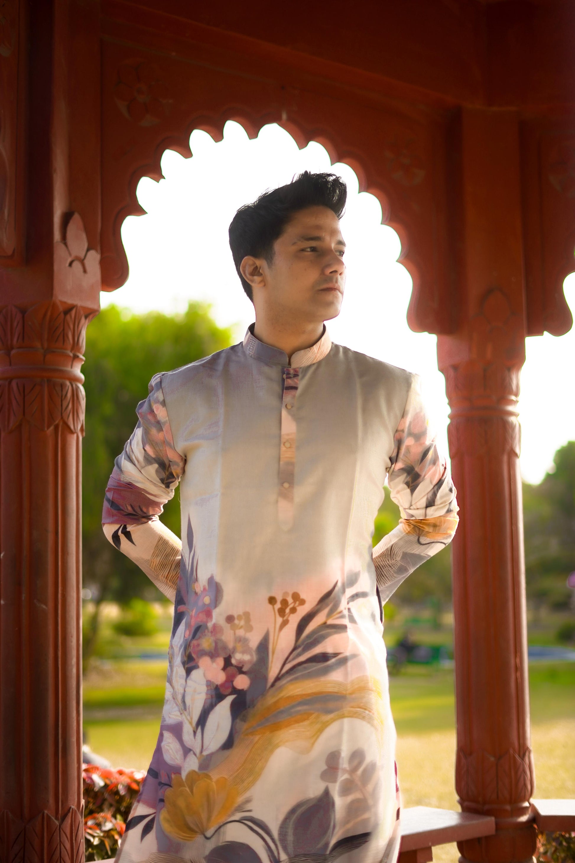 Light Grey Floral Print  Linen Kurta Set