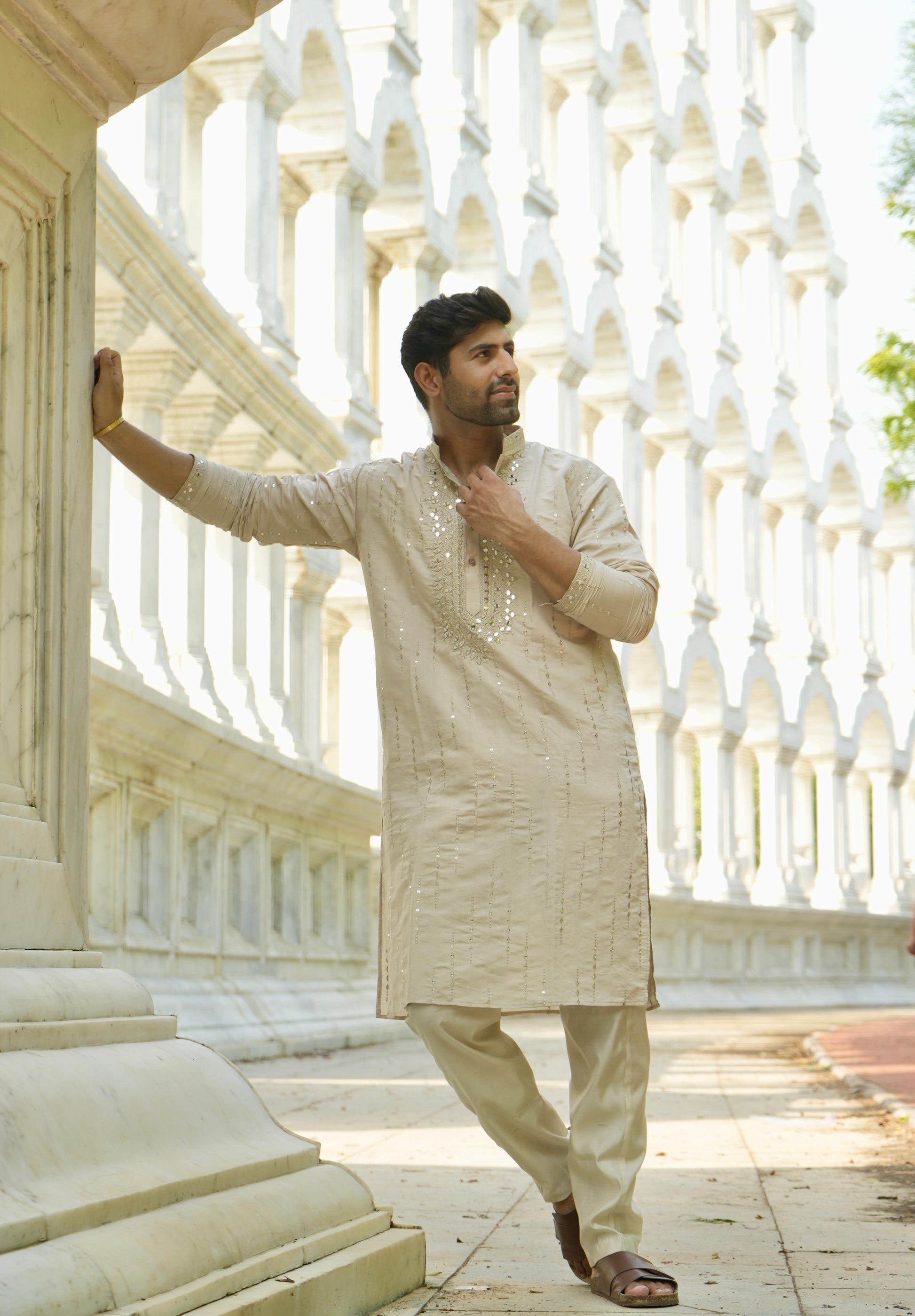 Roshni Beige Real-Mirror Neck Kurta With Sequined Embroidery Kurta Set