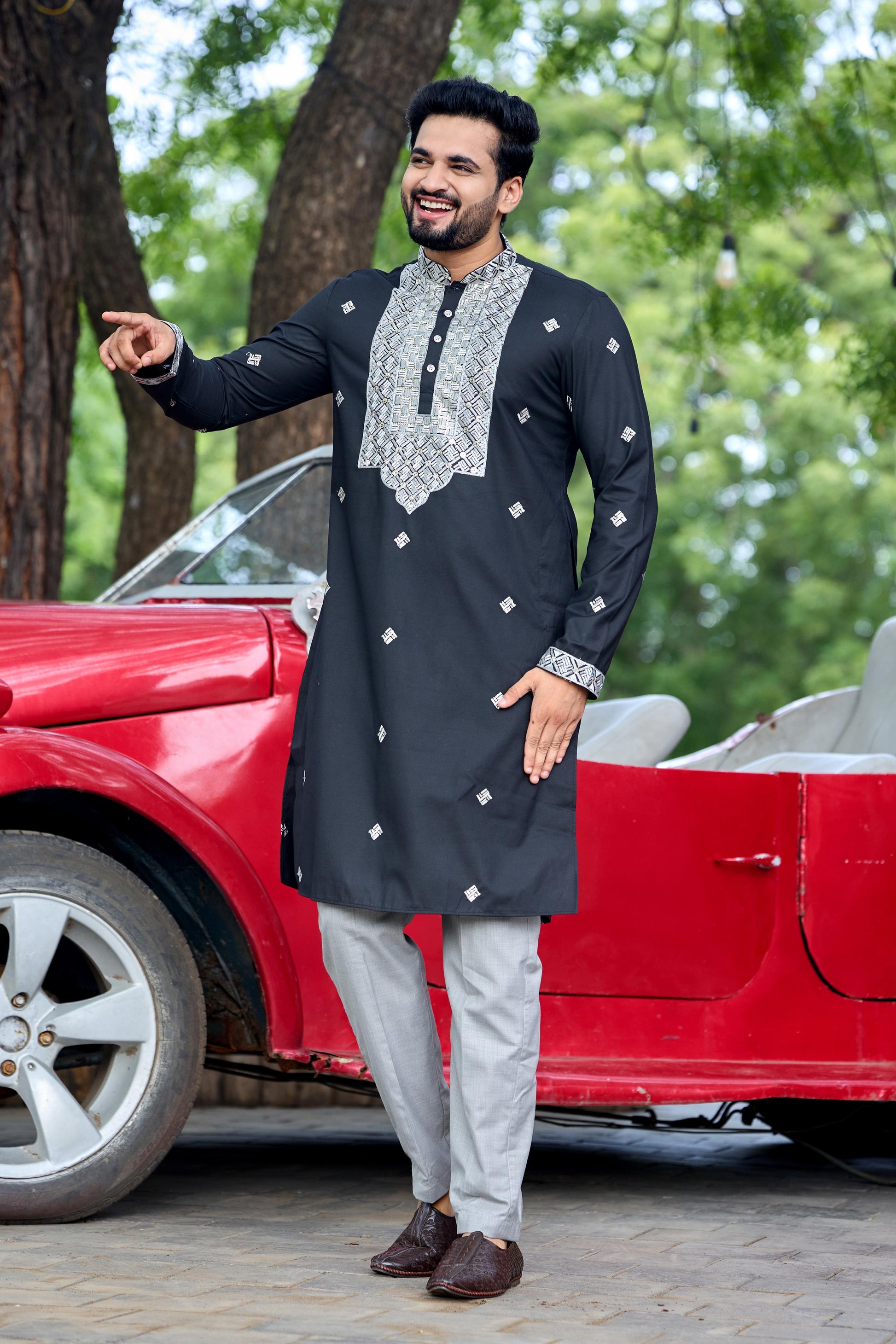 Black Embroidered Kurta with Dupatta and Pant Set