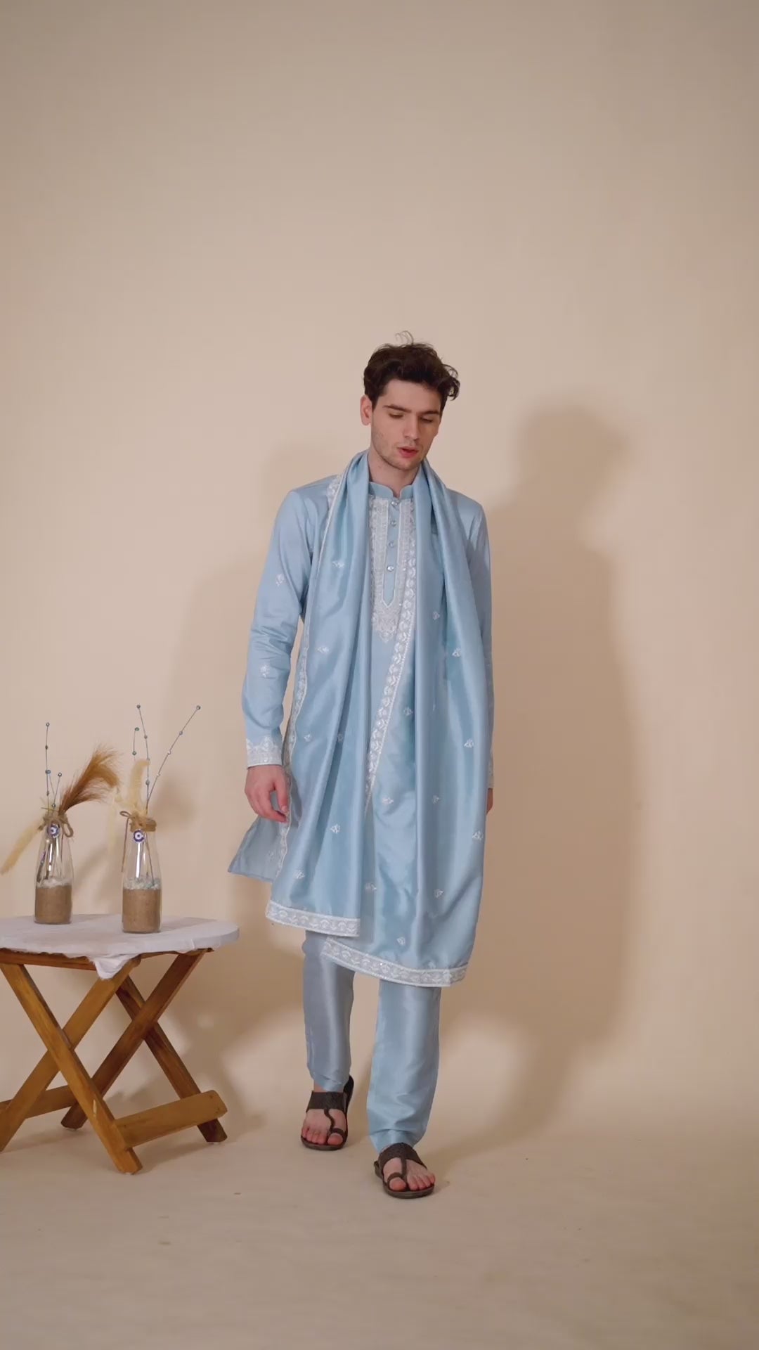 Pastel Blue Embroidered Kurta With Dupatta Pant Set.