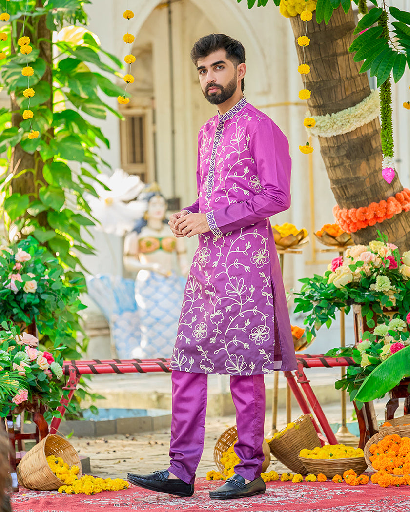 Royal Orchid Floral Embroidered Kurta Set