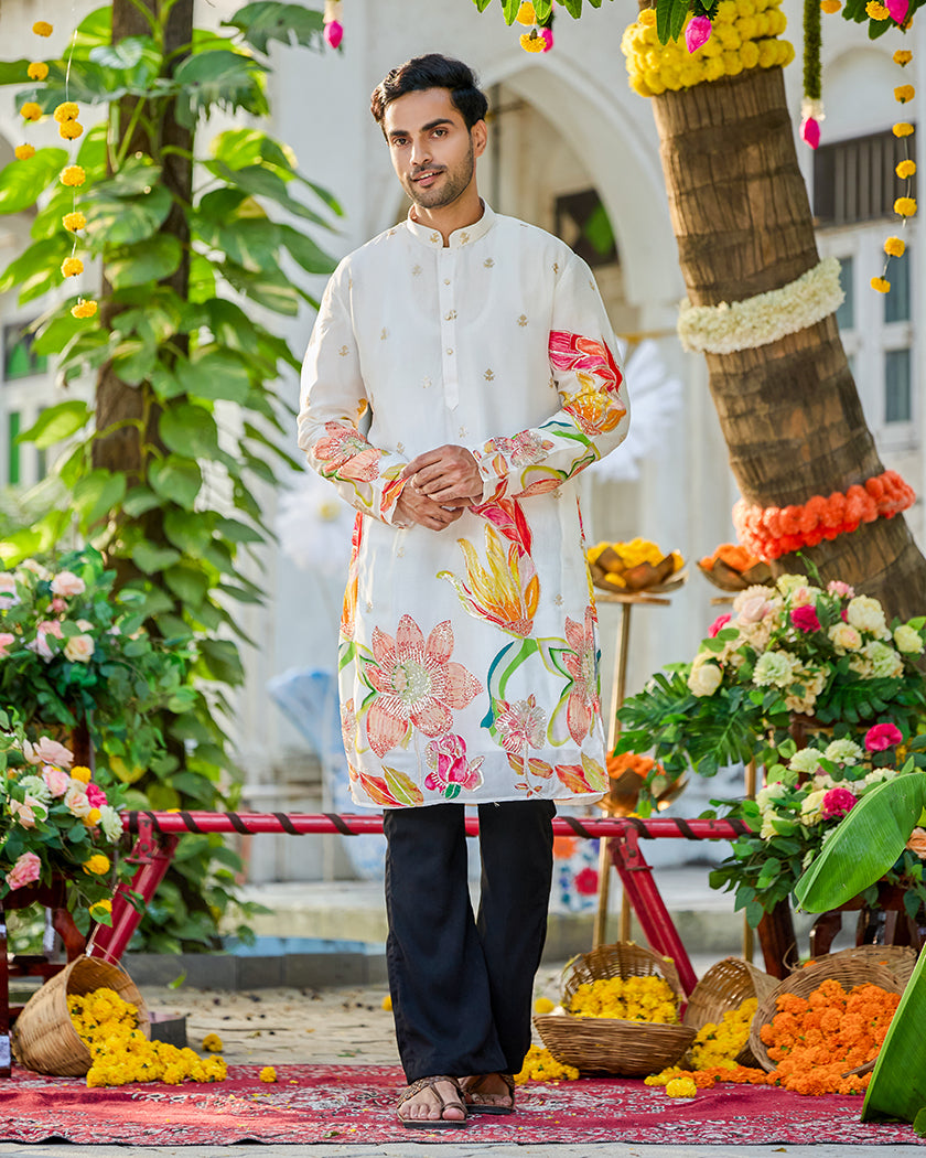 Noir Petal Ivory Embroidered Kurta