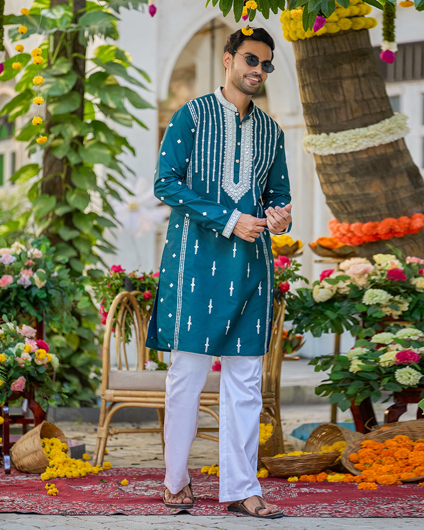 Monarch-Teal Embroidered Kurta.