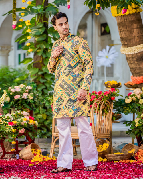 Regal Mosaic Yellow Position-Embroided Kurta Set