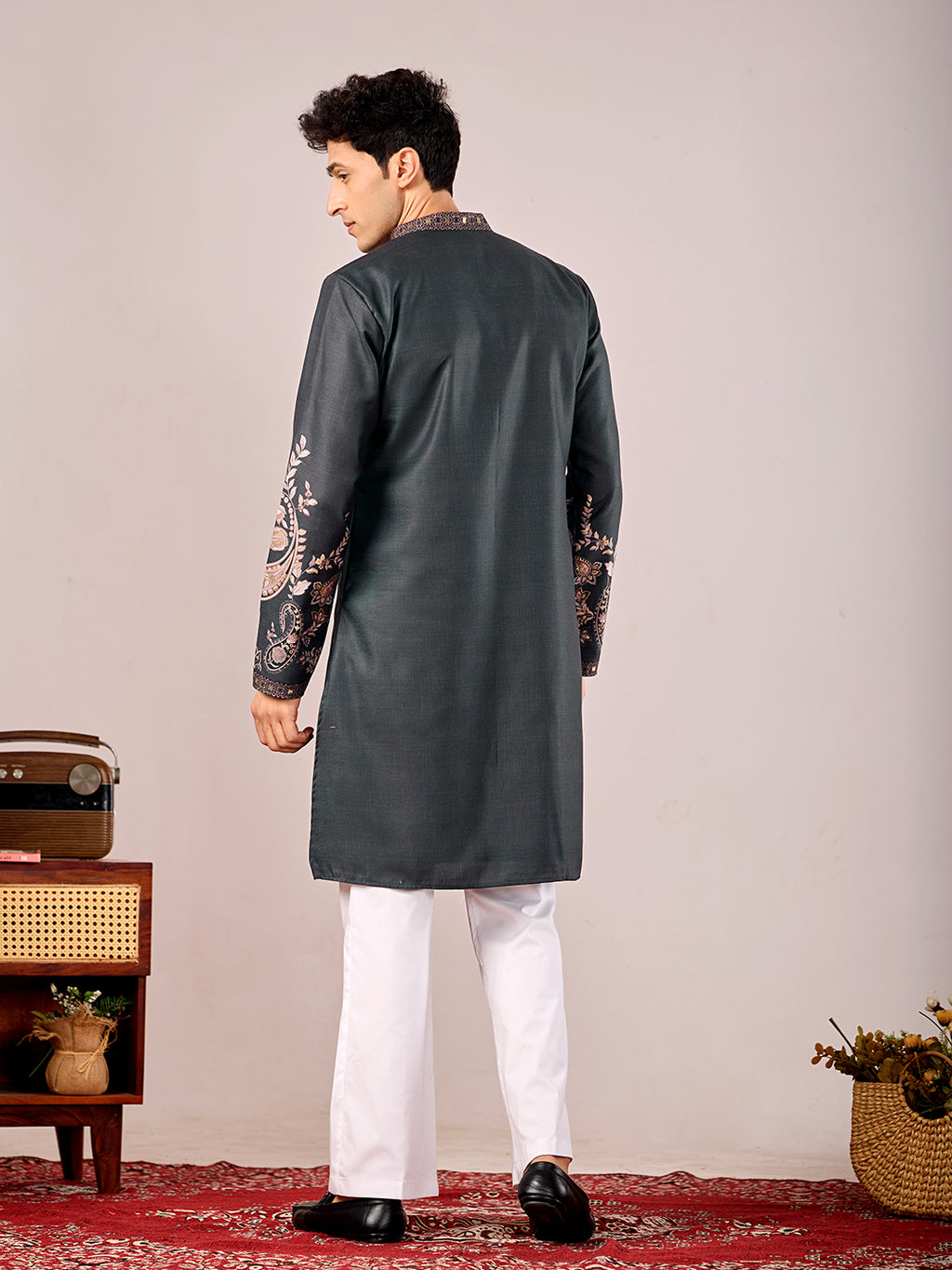 The Nawabi Linen Printed Kurta Set (Dark Navy Blue)