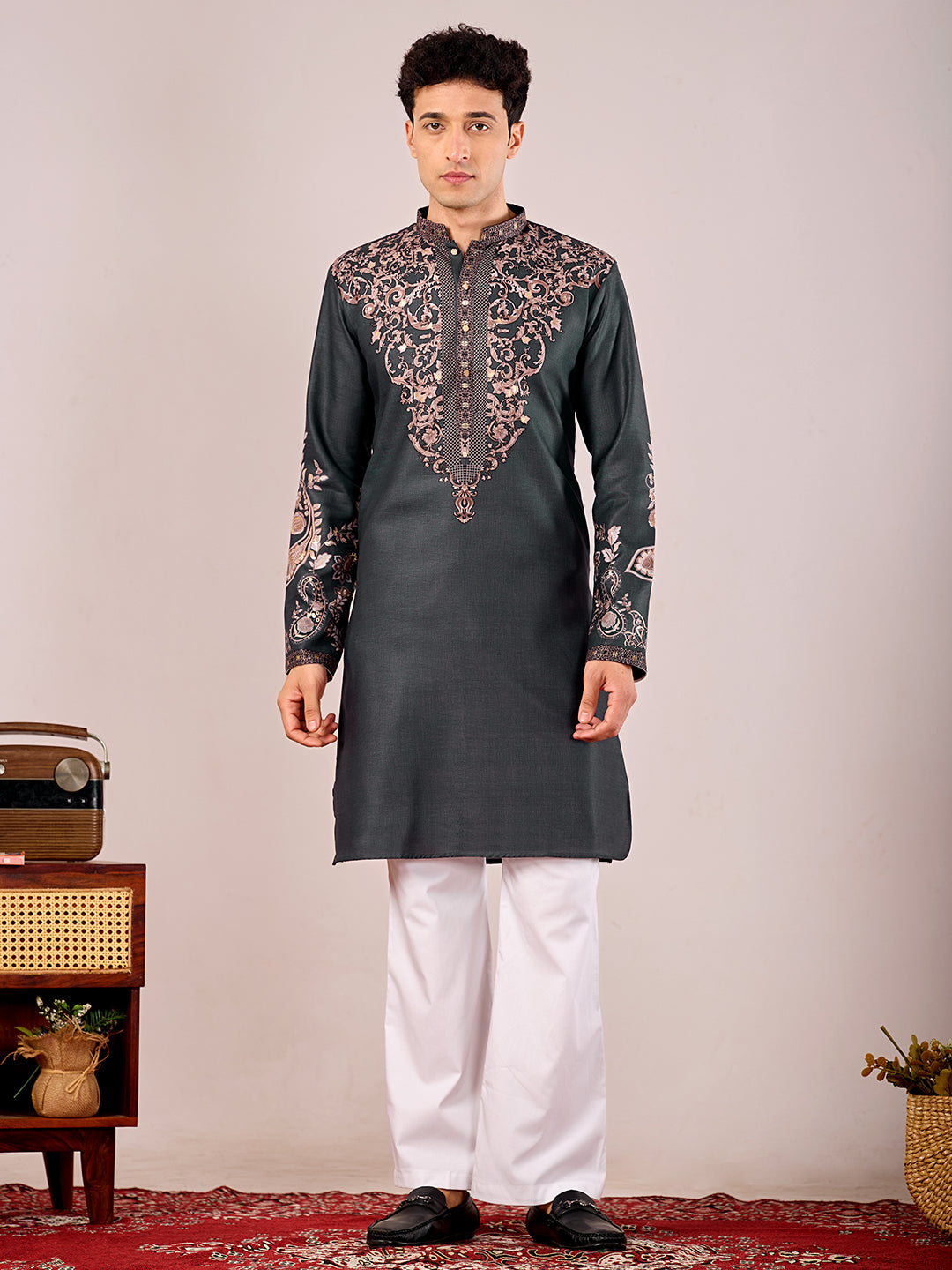 The Nawabi Linen Printed Kurta Set (Dark Navy Blue)
