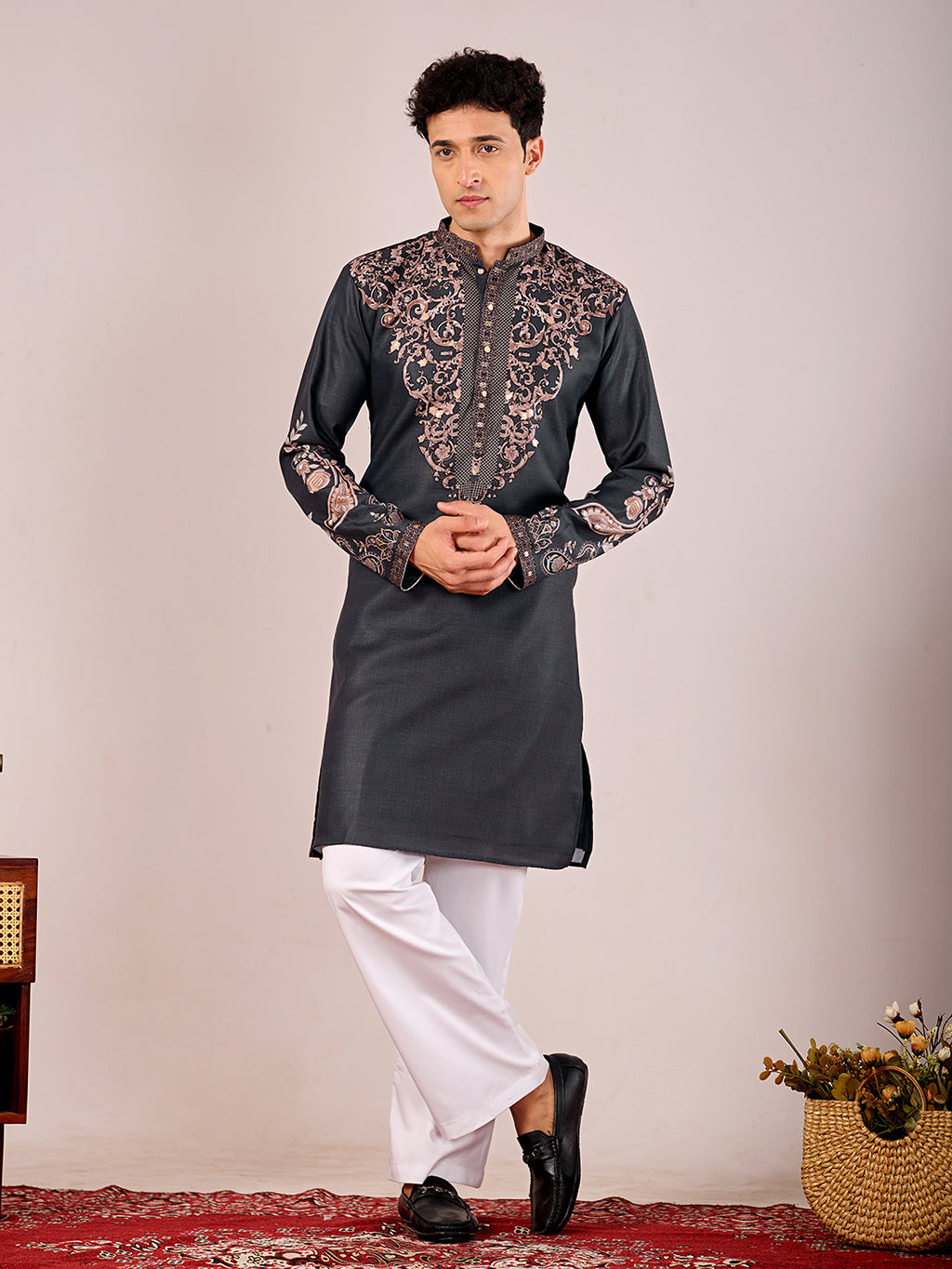 The Nawabi Linen Printed Kurta Set (Dark Navy Blue)
