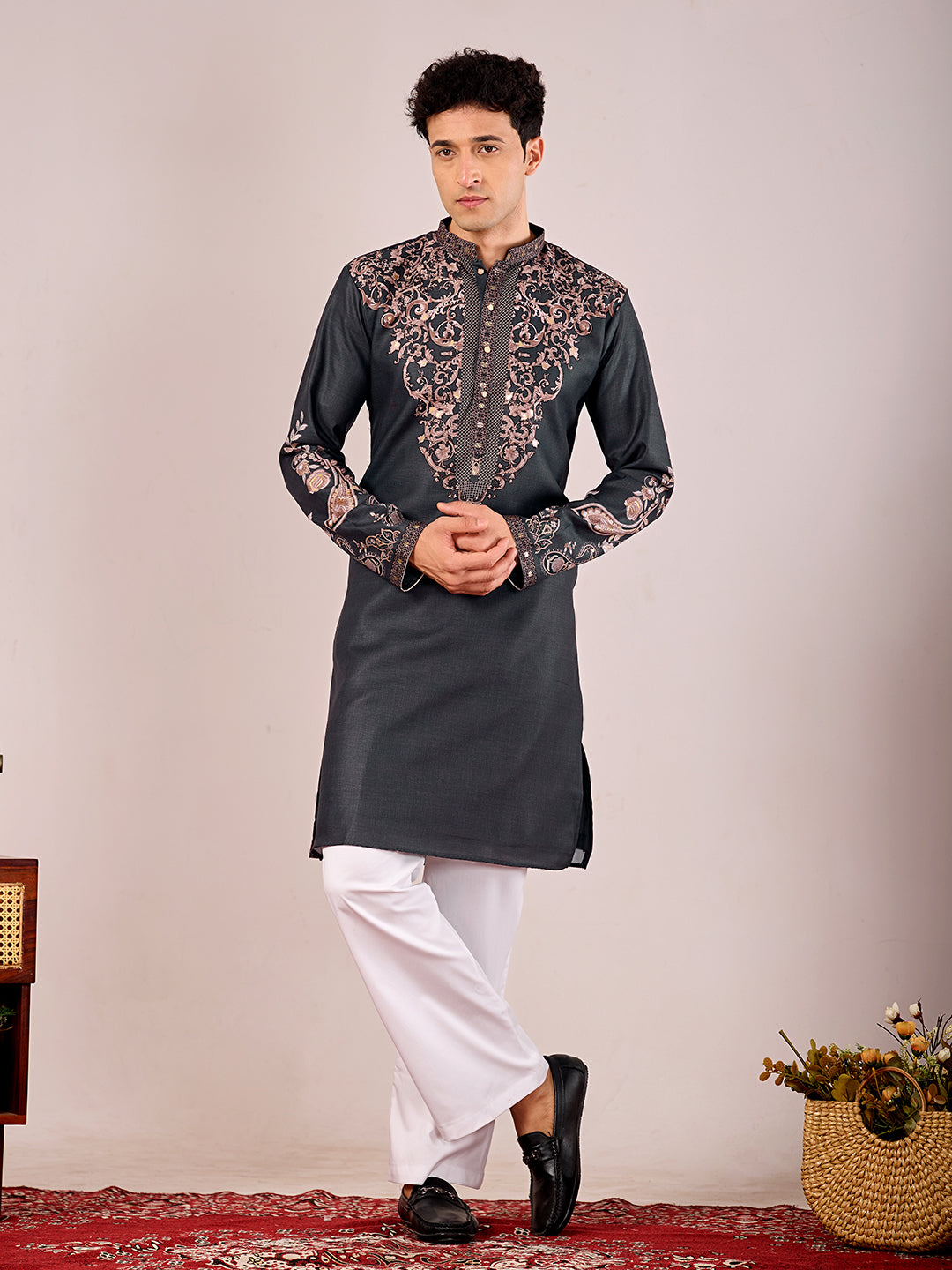 The Nawabi Linen Printed Kurta Set (Dark Navy Blue)