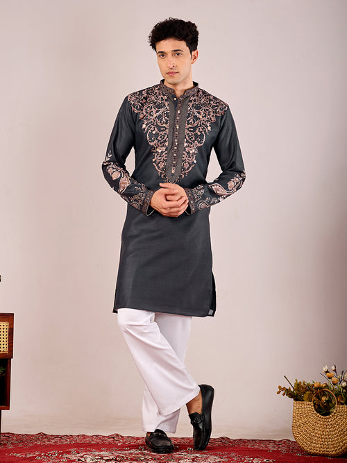 The Nawabi Linen Printed Kurta Set (Dark Navy Blue)