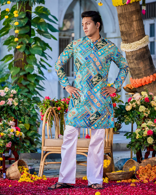 Regal Mosaic Blue Position-Embroided Kurta Set