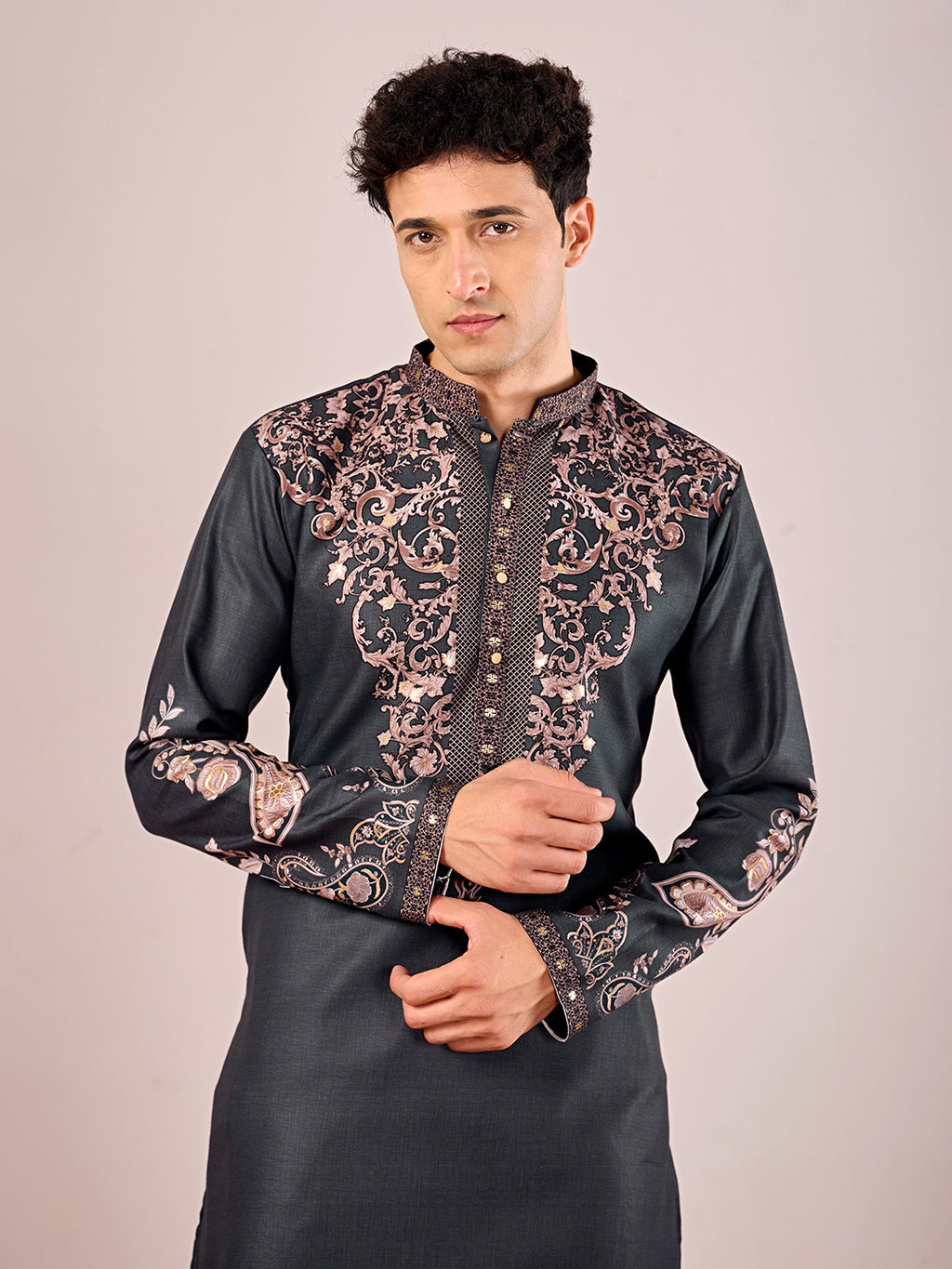The Nawabi Linen Printed Kurta Set (Dark Navy Blue)