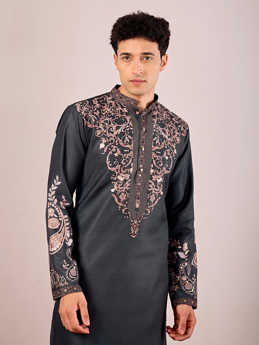 The Nawabi Linen Printed Kurta Set (Dark Navy Blue)