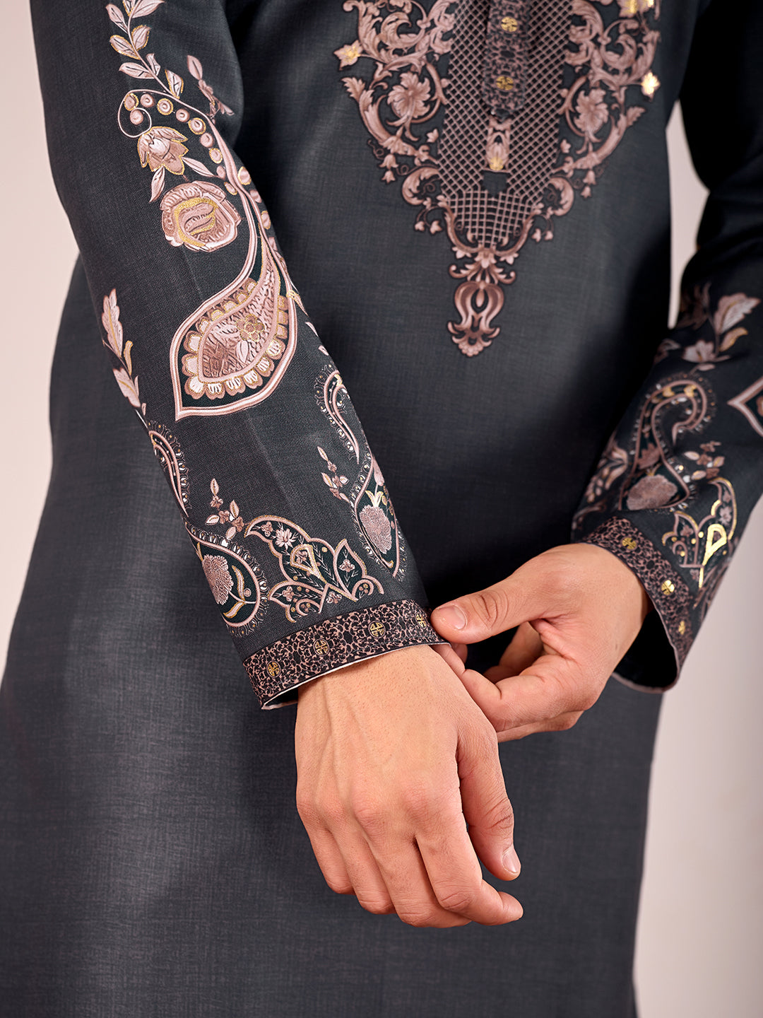 The Nawabi Linen Printed Kurta Set (Dark Navy Blue)
