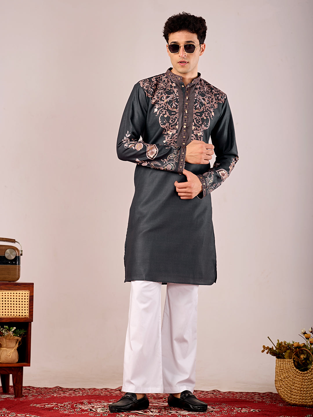 The Nawabi Linen Printed Kurta Set (Dark Navy Blue)