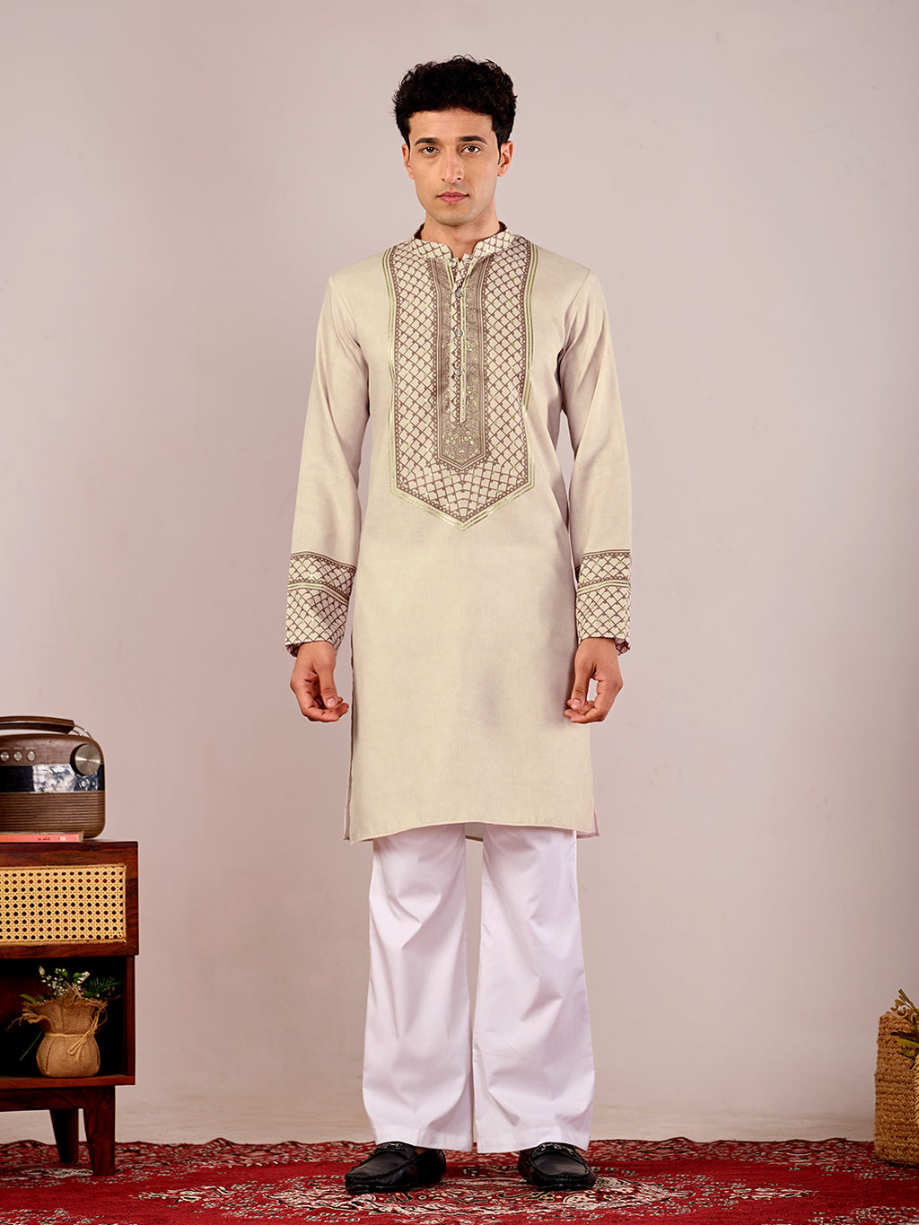 The Zafar Linen Kurta (Beige Chevron)