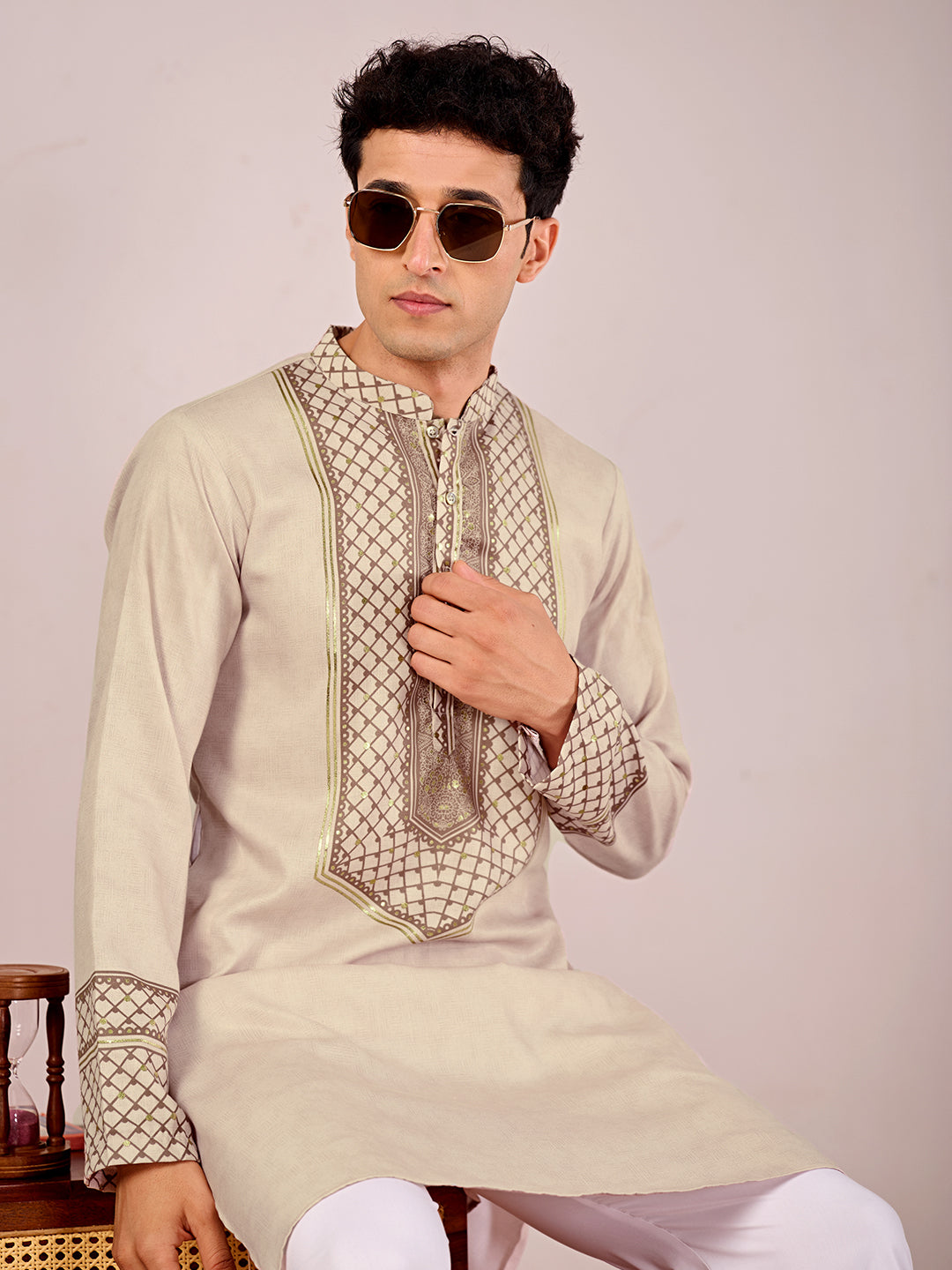 The Zafar Linen Kurta (Beige Chevron)