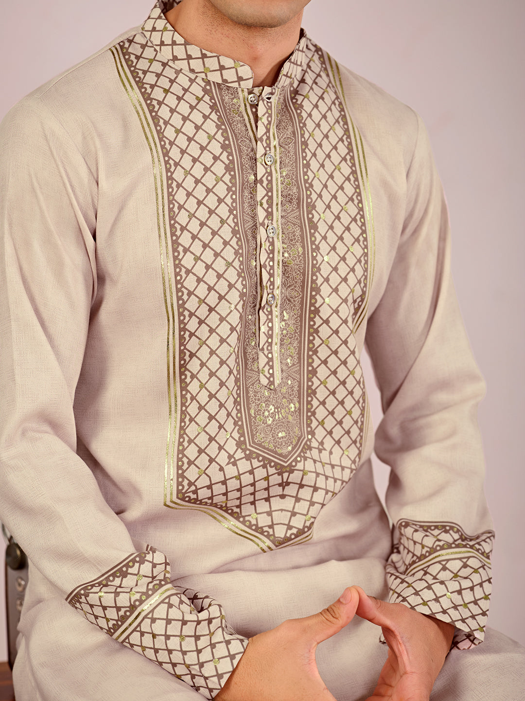 The Zafar Linen Kurta (Beige Chevron)
