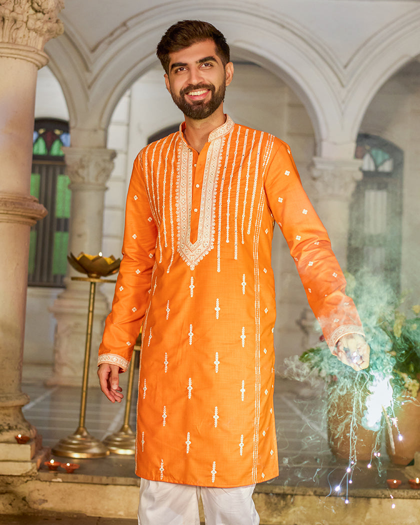 Heritage-Saffron Embroidered Kurta.