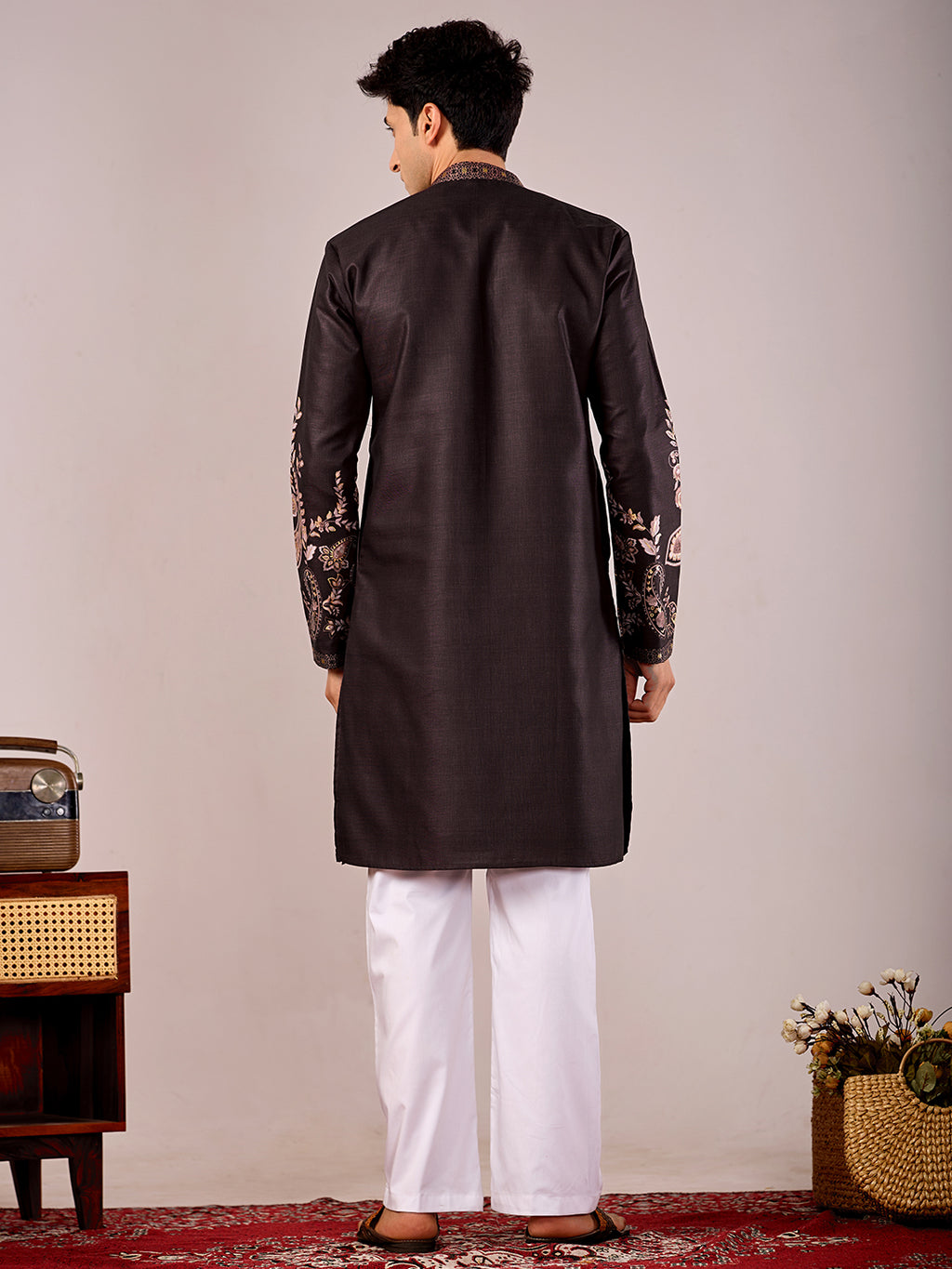 The Nawabi Linen Printed Kurta Set. (Dark Wine)