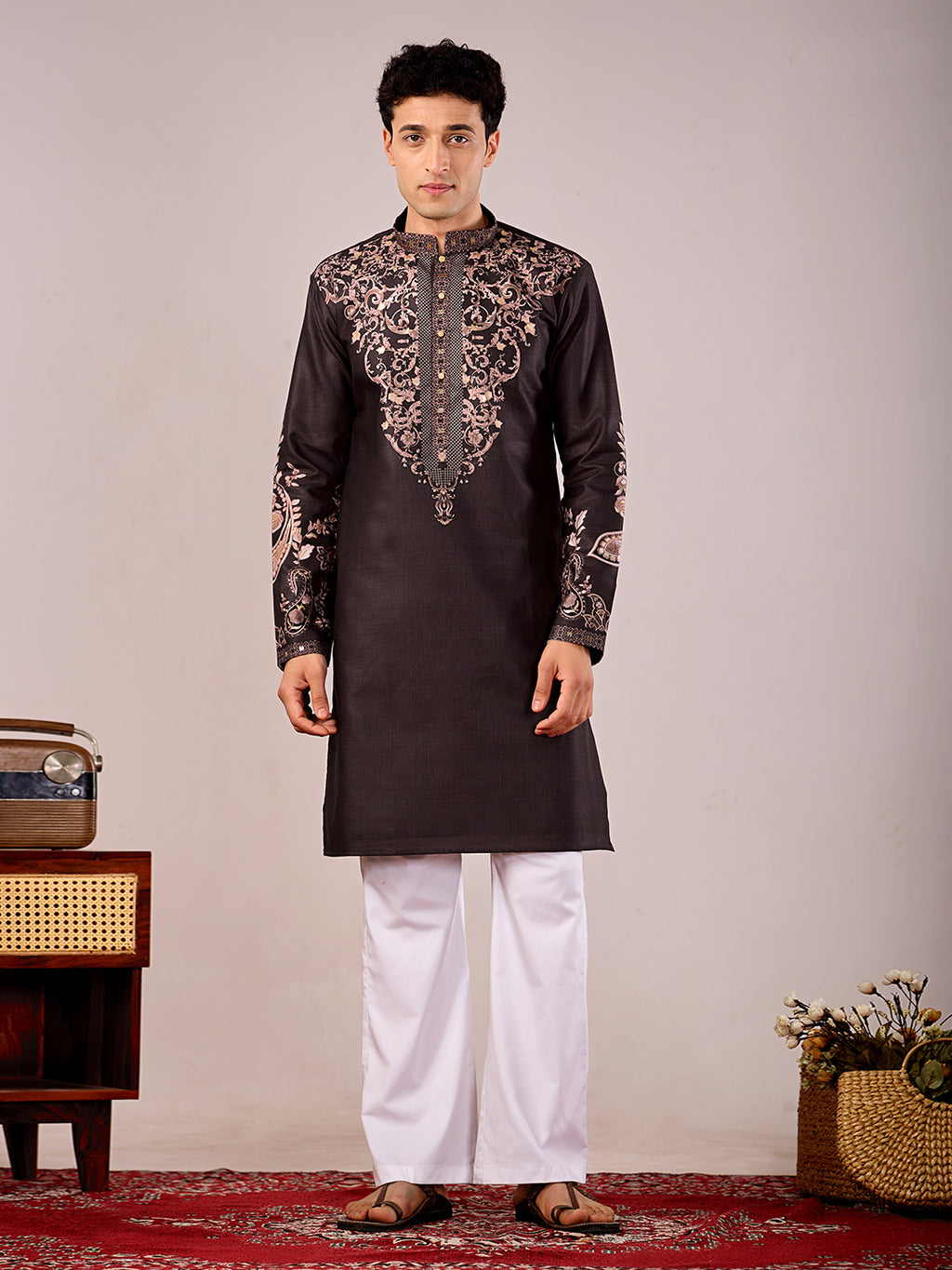 The Nawabi Linen Printed Kurta Set. (Dark Wine)