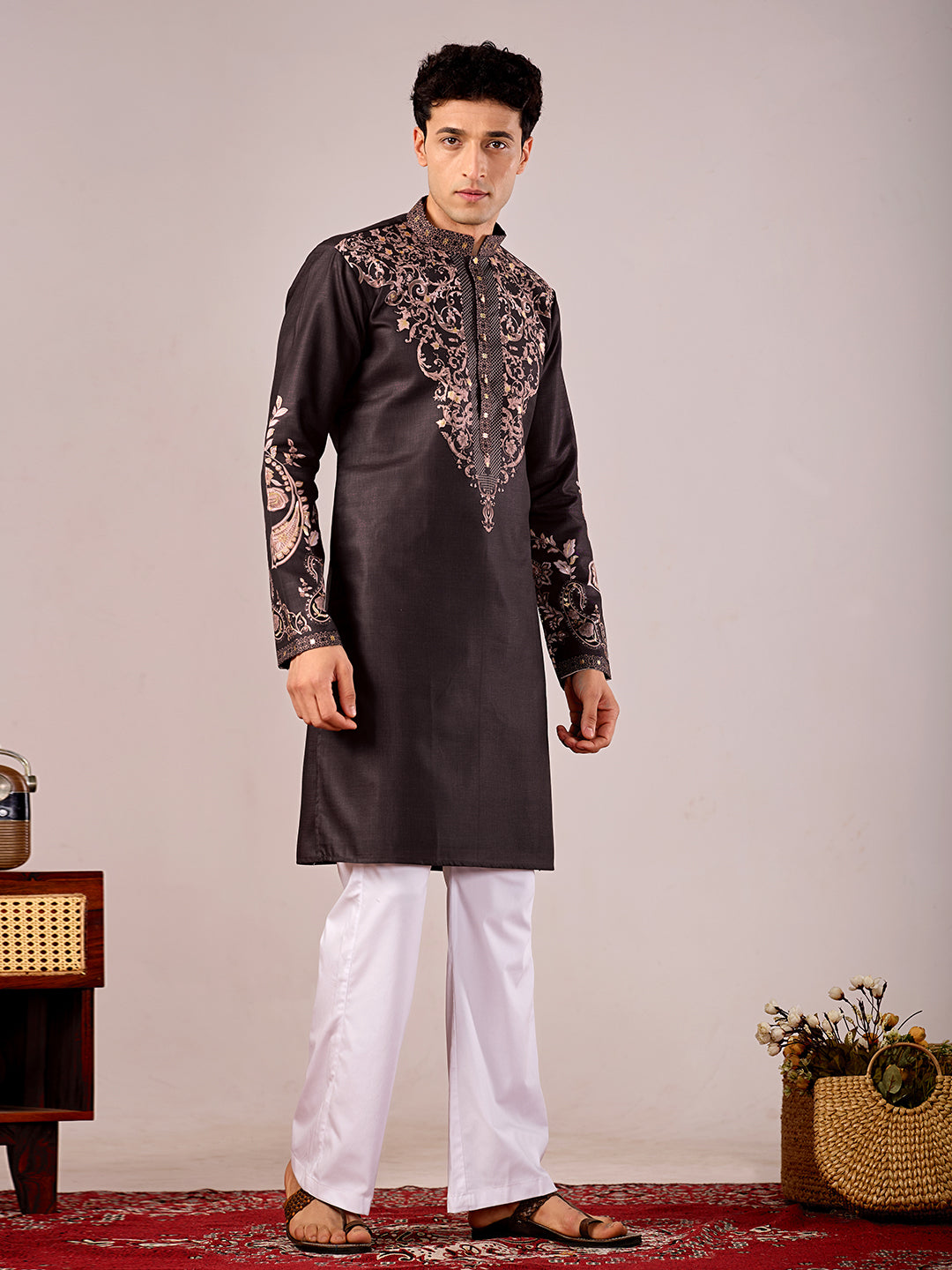 The Nawabi Linen Printed Kurta Set. (Dark Wine)